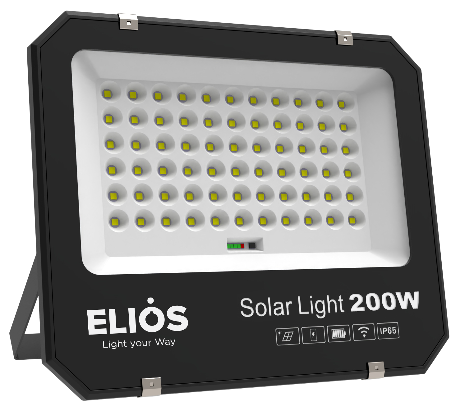 Đèn pha năng lượng mặt trời ELIOS 200W, Pin Lithium 3.2V 20Ah, Tấm NLMT 20W/5V, KT đèn 360.5*300.5*46.5mm
