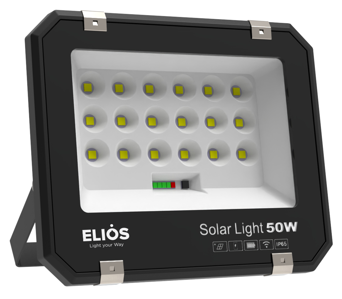 Đèn pha năng lượng mặt trời ELIOS 50W, Pin Lithium 3.2V 5Ah, Tấm NLMT 6W/5V, KT đèn 205*170*44.5mm
