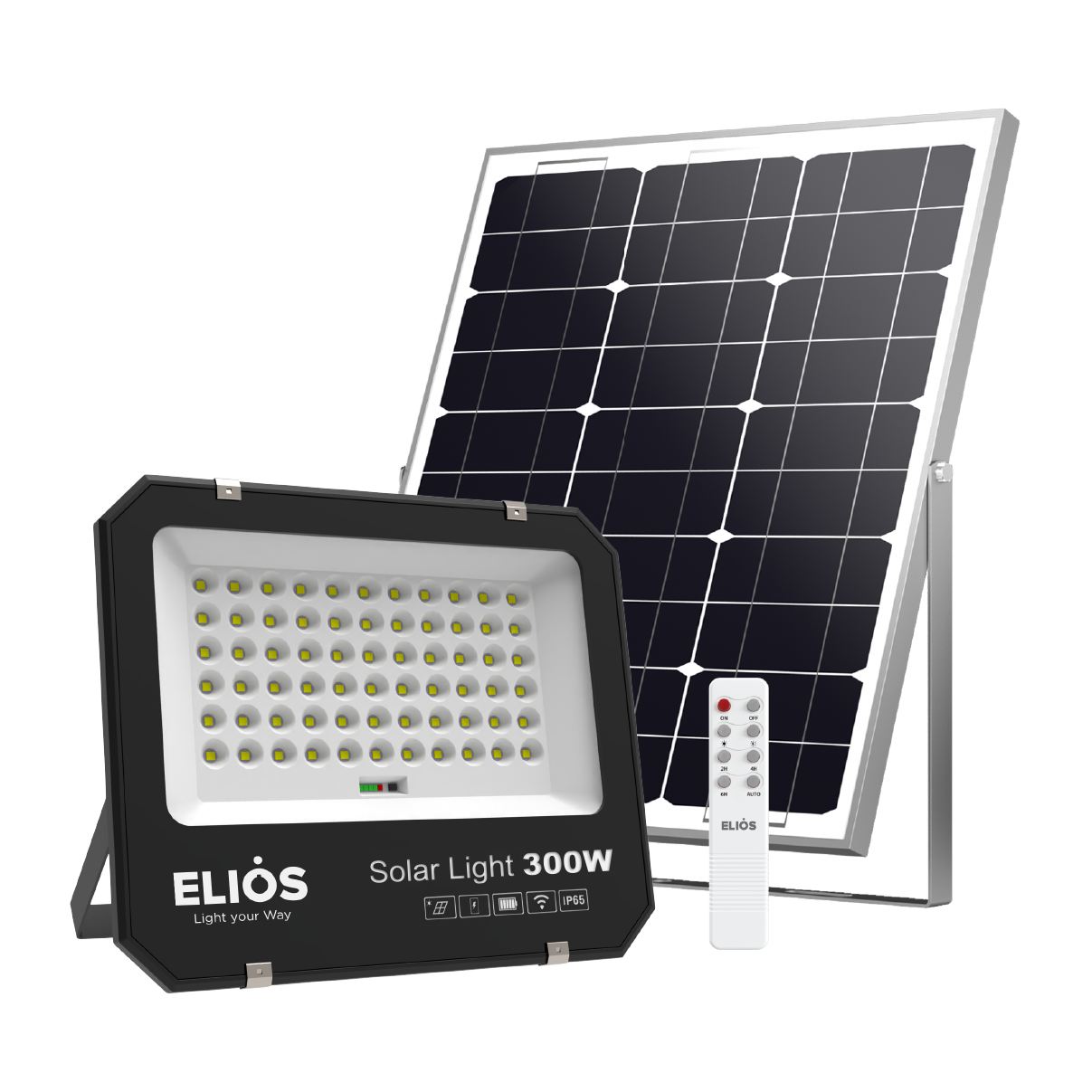 Đèn pha năng lượng mặt trời ELIOS 300W, Pin Lithium 3.2V 30Ah, Tấm NLMT 30W/5V, KT đèn 360.5*300.5*46.5mm