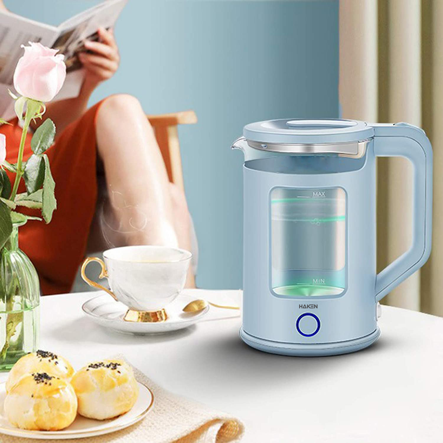 Ấm siêu tốc thủy tinh 2 lớp 1.8L 1500W, Màu xanh nước biển