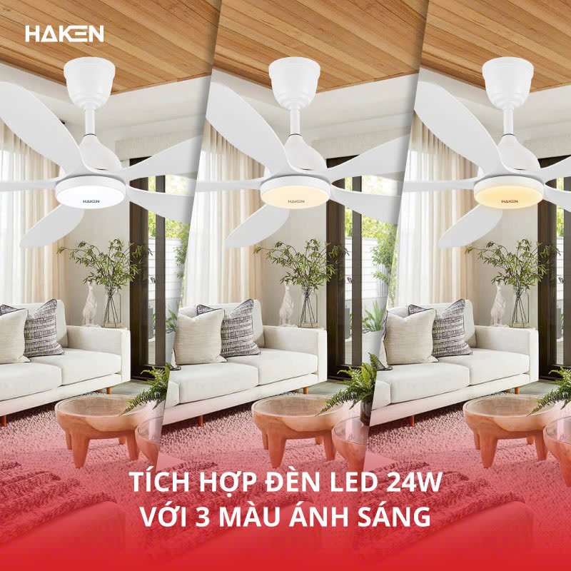 Quạt trần đèn DC 56inch, 5 cánh, động cơ DC 55W, đèn 24W, màu trắng HK-QT26WH