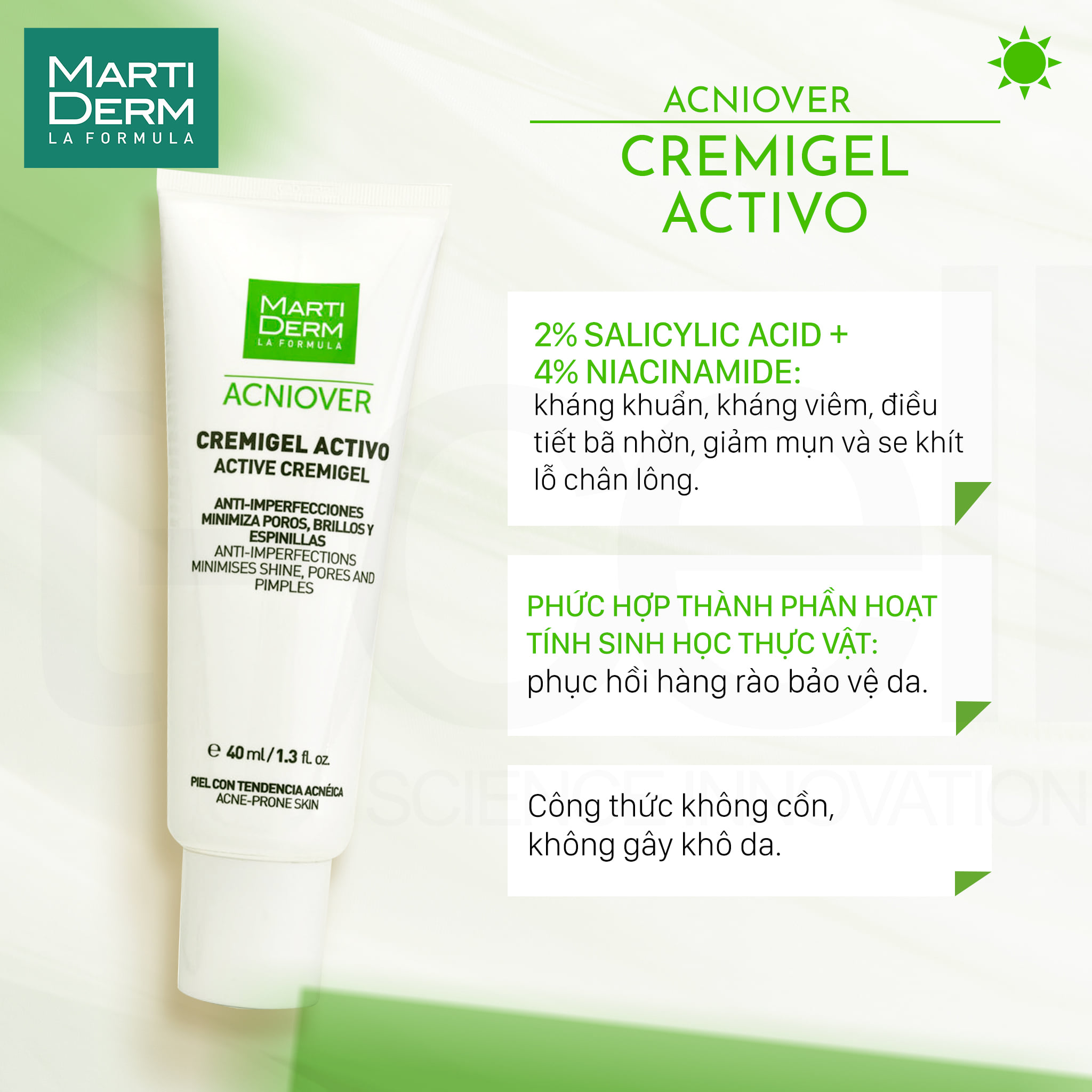 MartiDerm Acniover Active Cremigel - Kem Dưỡng Giảm Nhờn, Mụn & Se Lỗ Chân Lông