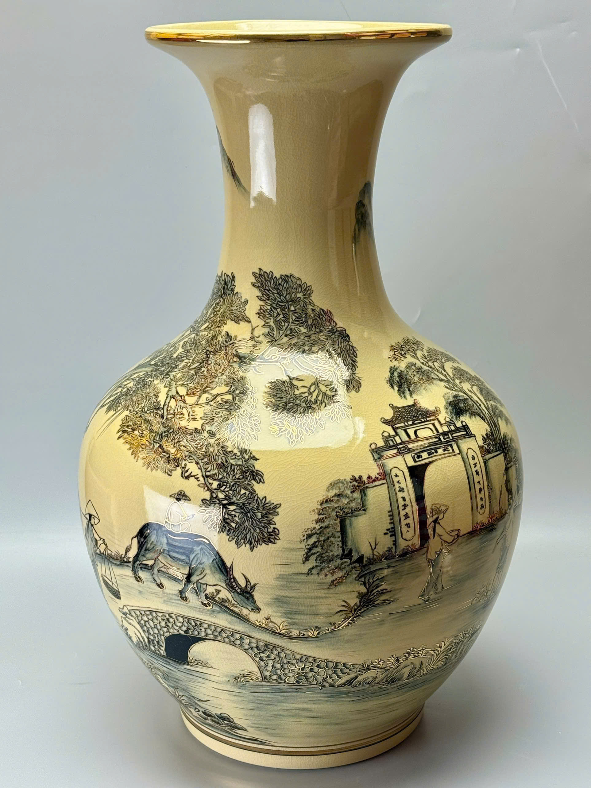 Bình phú quý H65 cảnh quê hương gốm Chu Đậu vẽ vàng