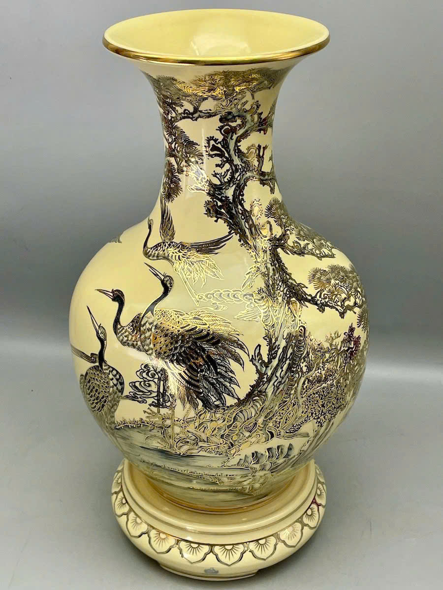 Bình phú quý H65 tùng hạc gốm Chu Đậu vẽ vàng