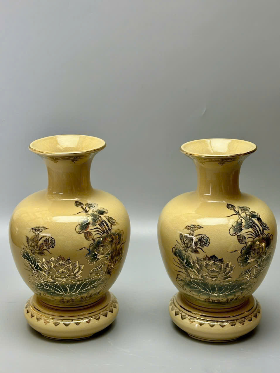 Bình bảo châu hoa sen vẽ vàng 24k gốm Chu Đậu