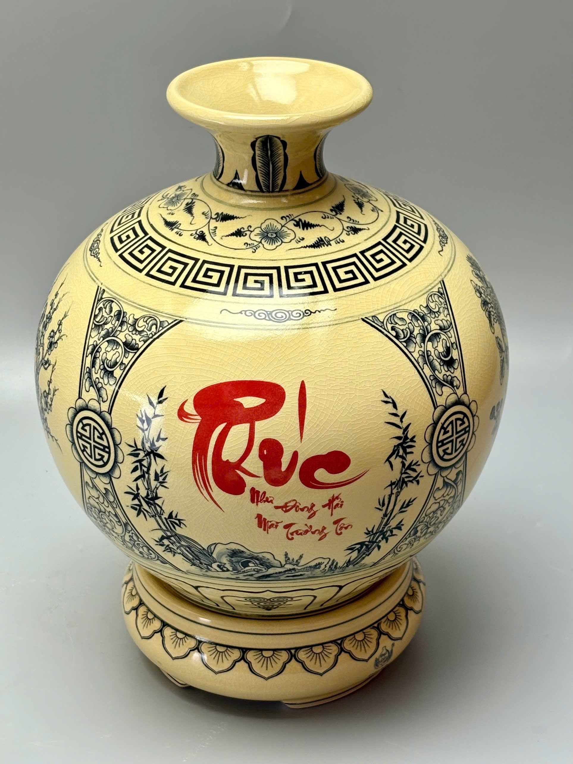 Bình hút lộc chữ Phúc H30 gốm chu đậu truyền thống