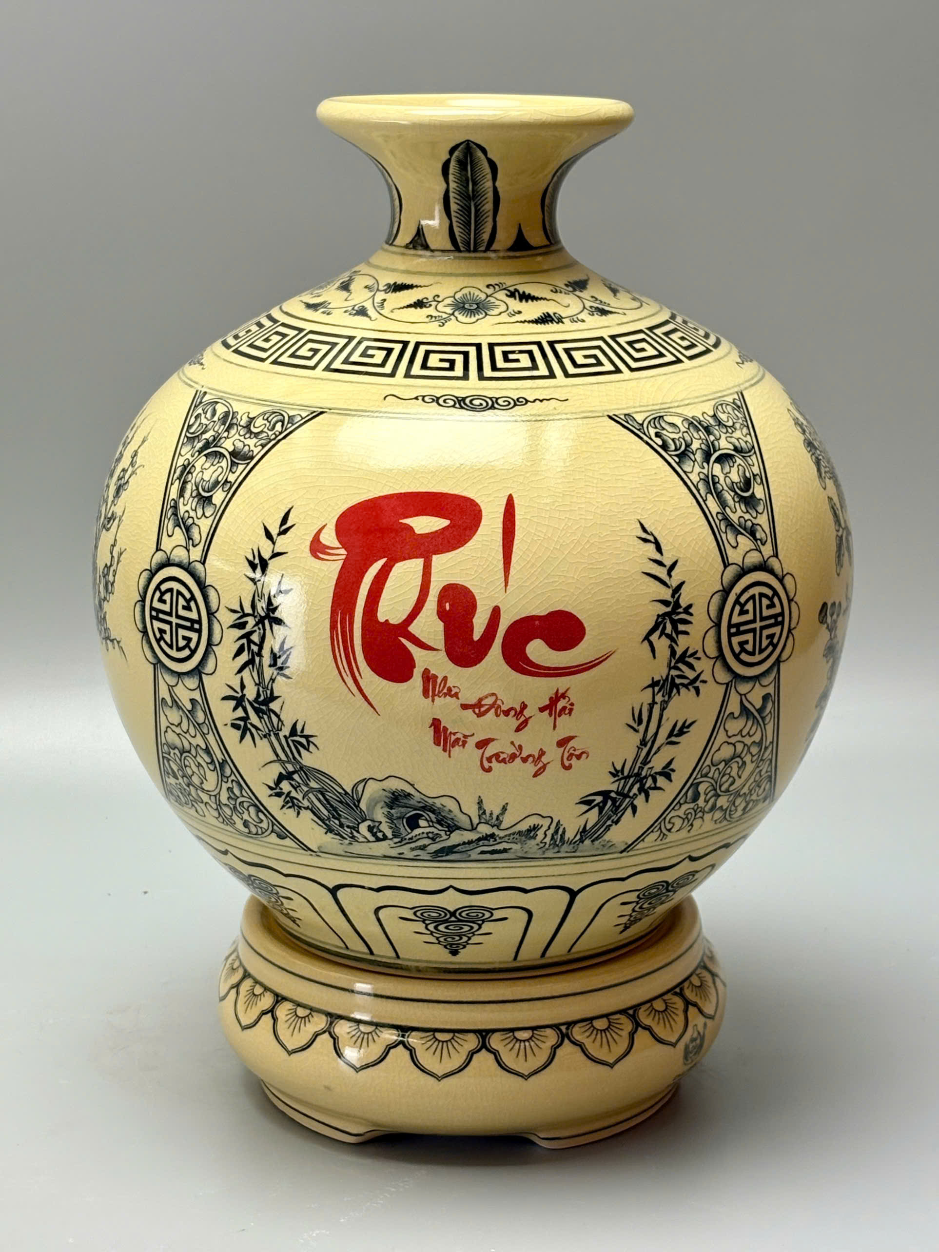 Bình hút lộc chữ Phúc H30 gốm chu đậu truyền thống