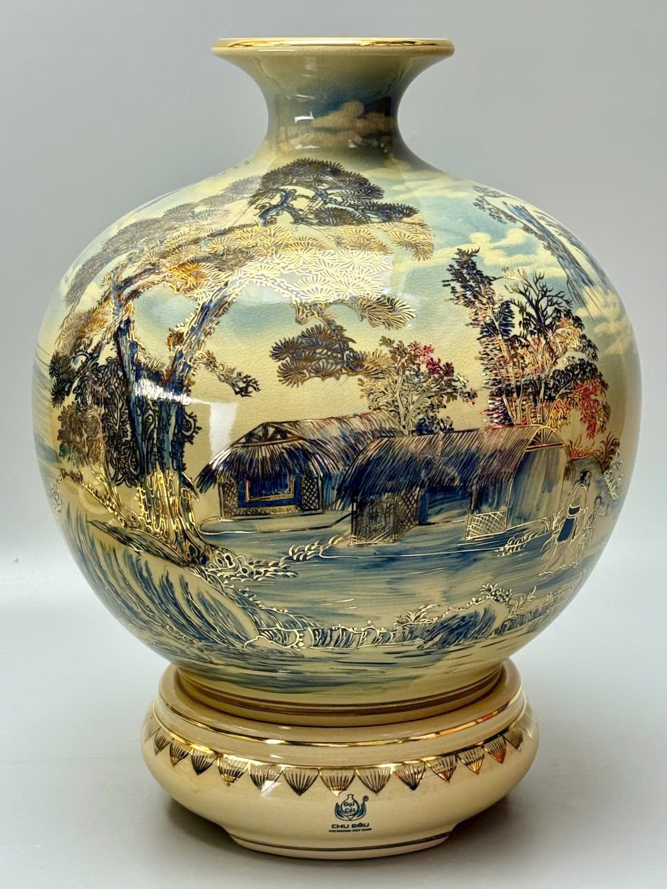 Bình hút lộc H35 vs H45 sơn thủy hữu tình vân mây xanh coban gốm chu đậu vẽ vàng