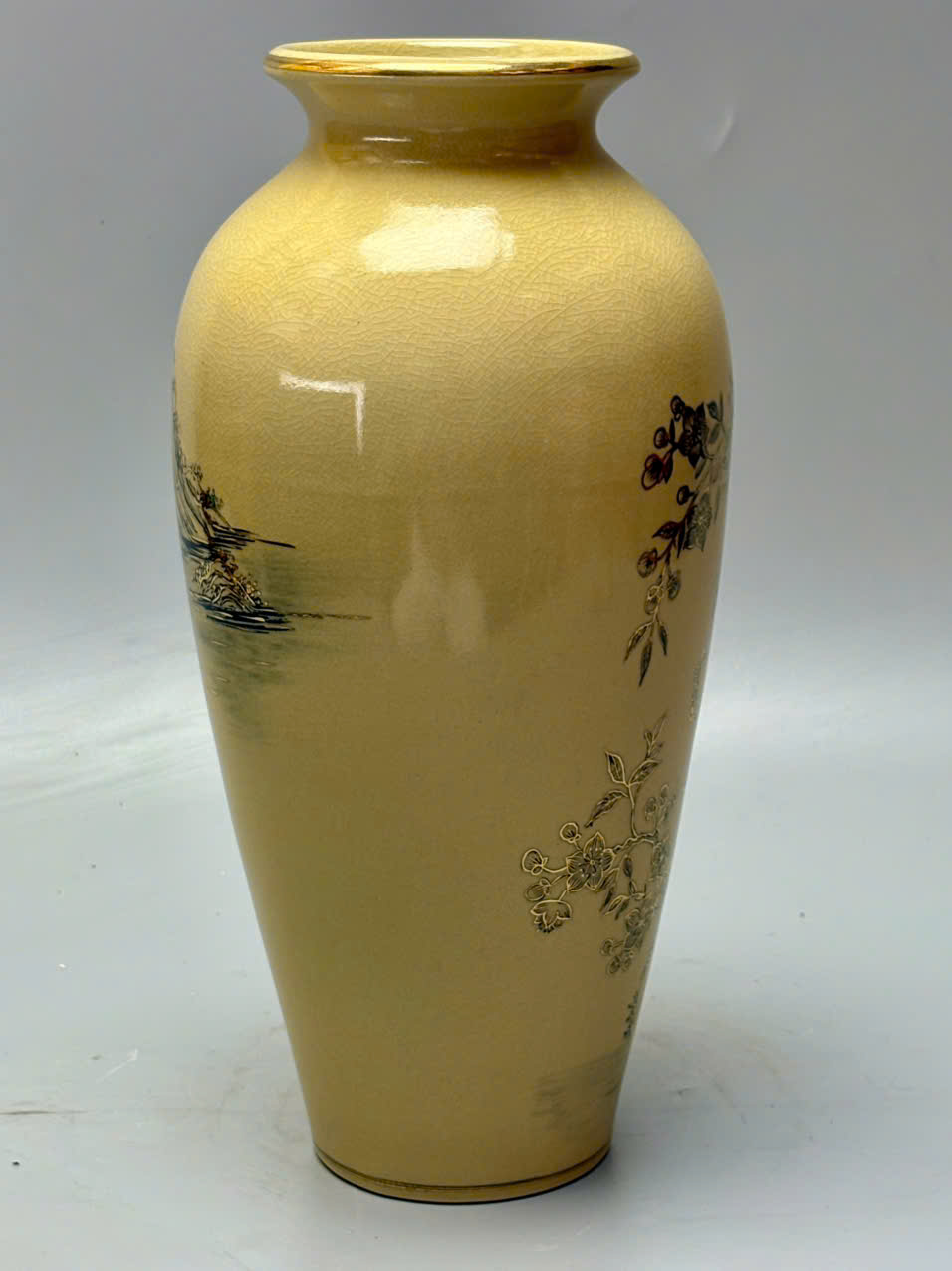 Bình như ý họa tiết chim đào cao 35cm gốm Chu Đậu vẽ vàng 24k
