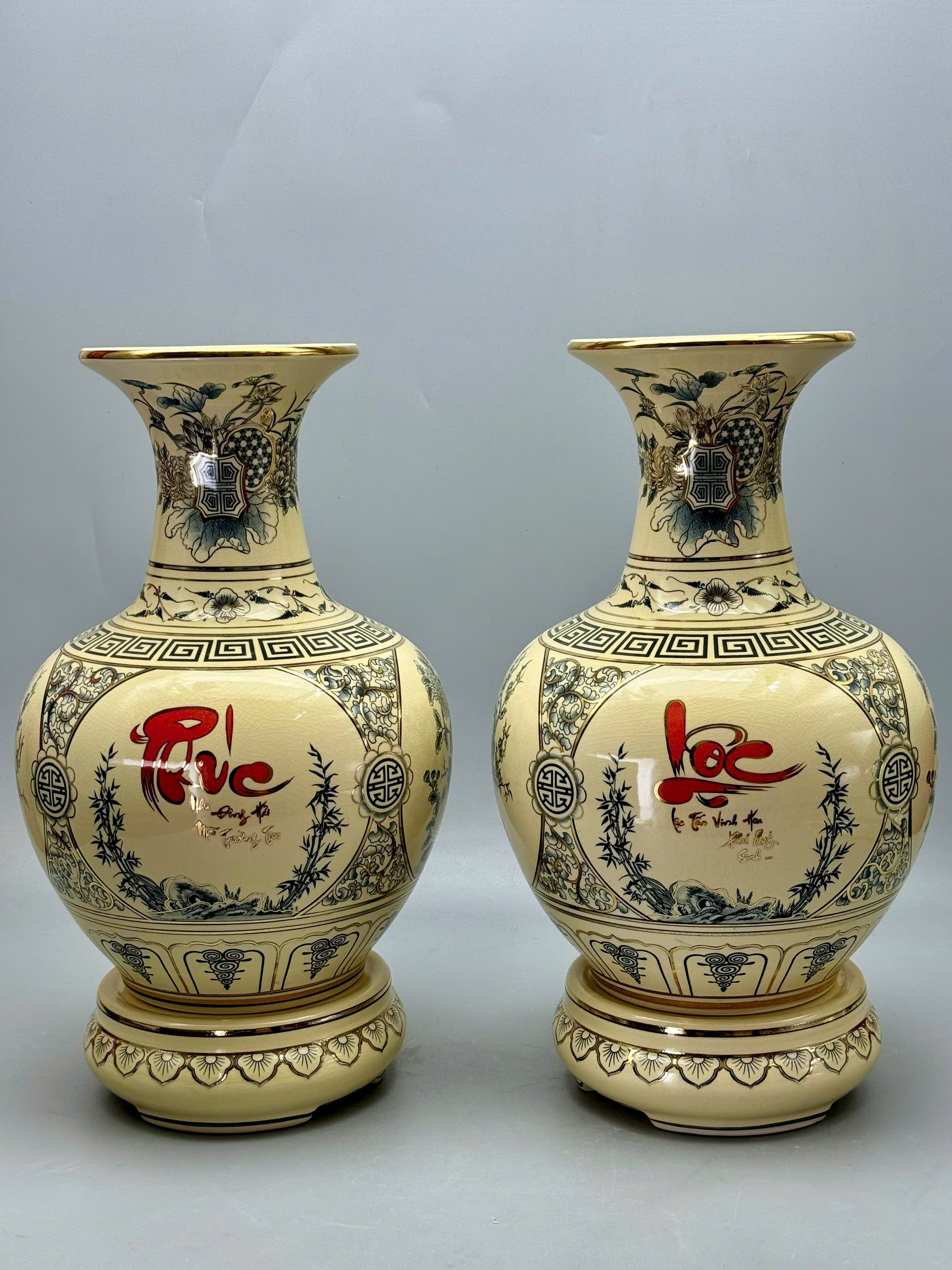 Cặp bình phú quý H45 phúc lộc tứ cảnh vẽ vàng 24k gốm Chu Đậu