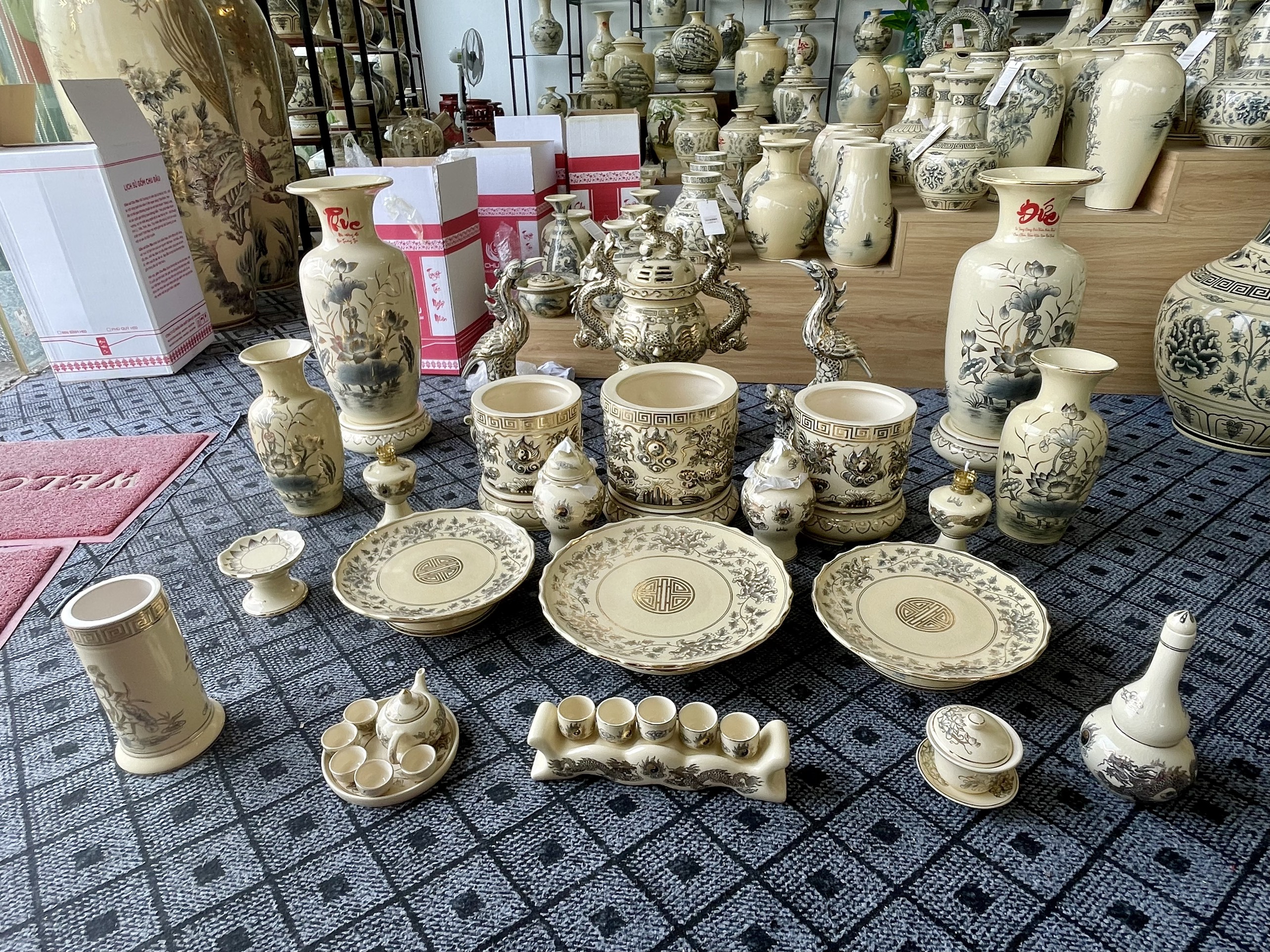 Set Vip bộ đồ thở đỉnh hạc vẽ vàng 24k gốm Chu Đậu