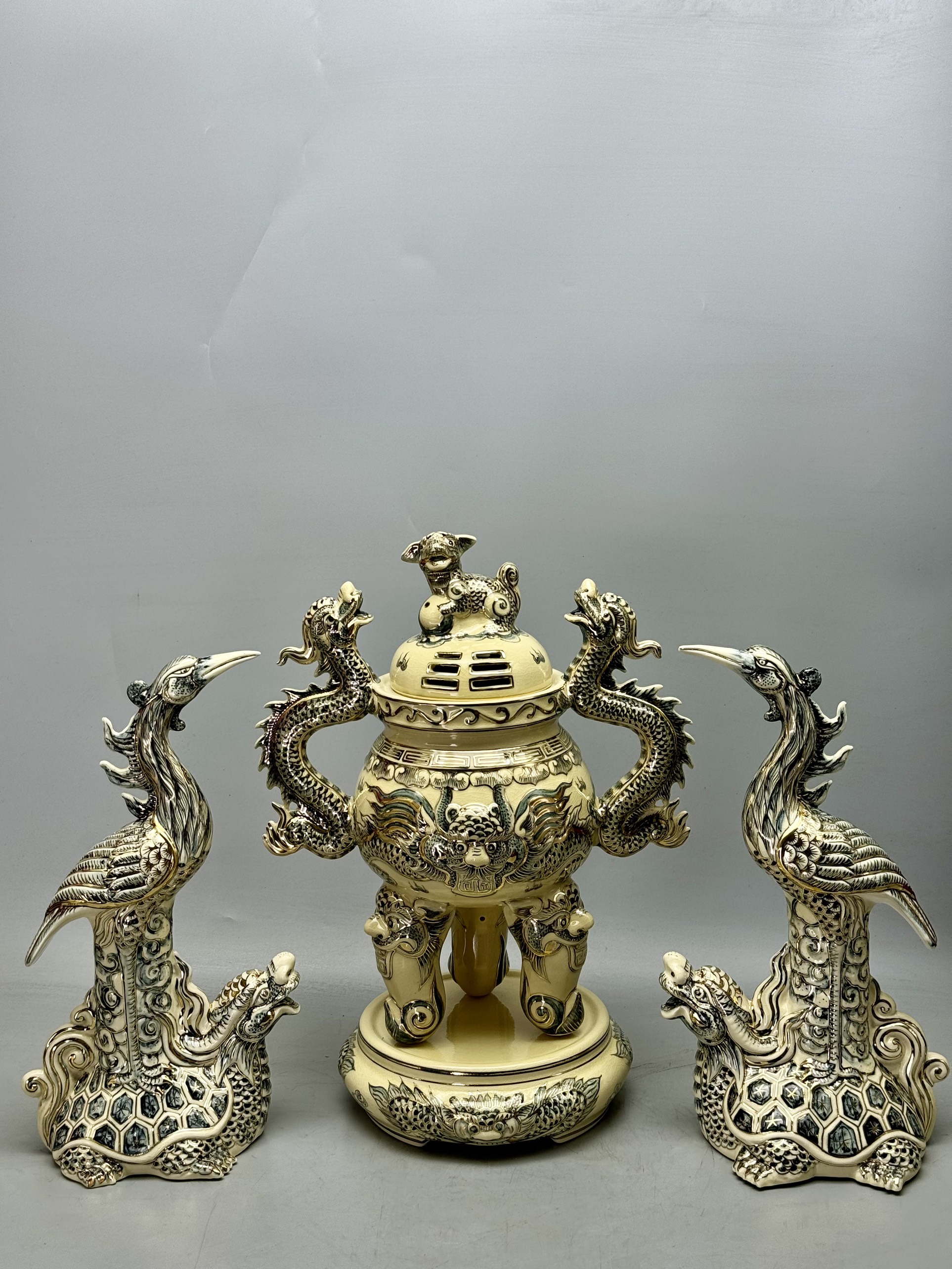 Set Vip bộ đồ thở đỉnh hạc vẽ vàng 24k gốm Chu Đậu