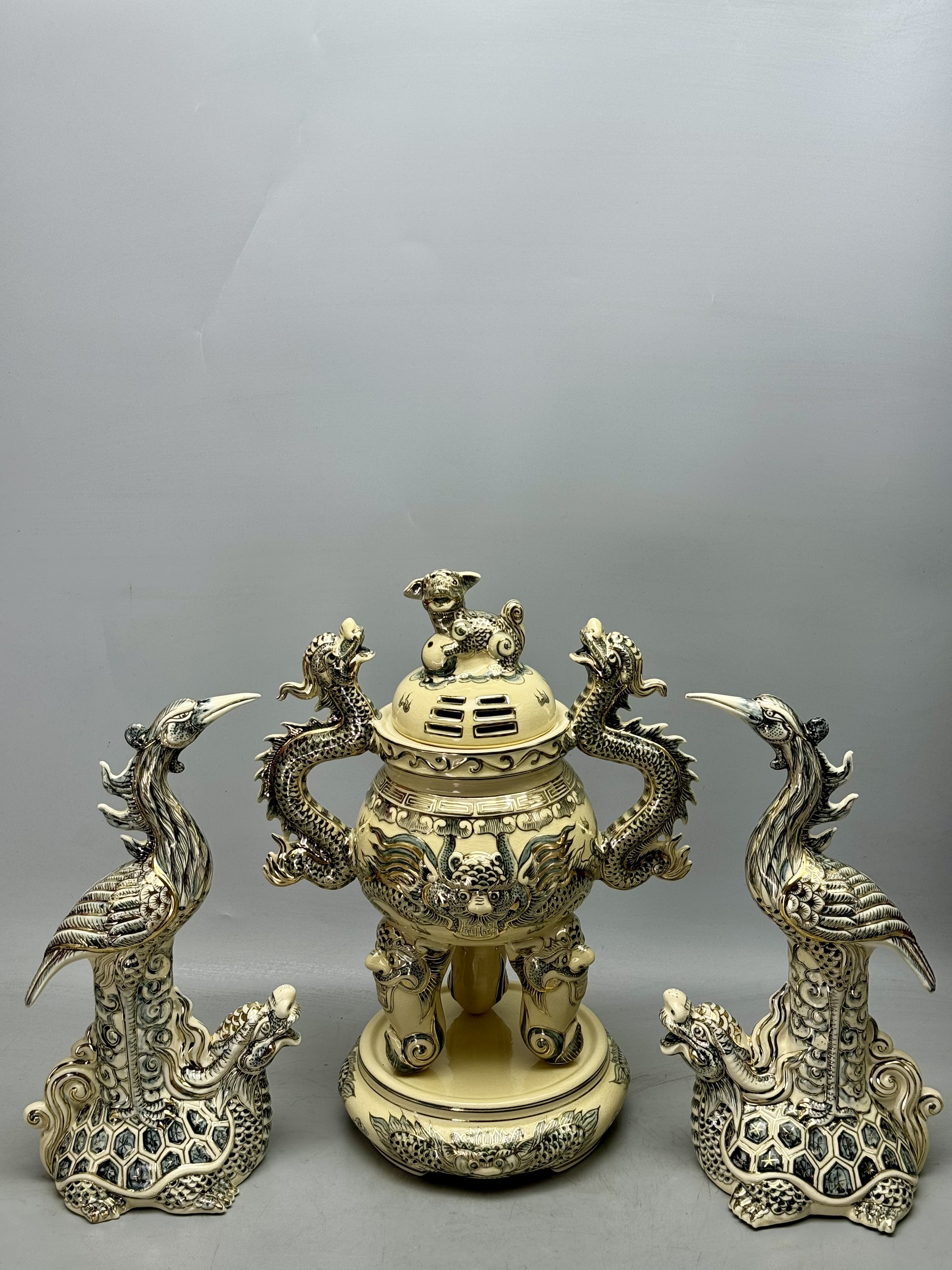 Set Vip bộ đồ thở đỉnh hạc vẽ vàng 24k gốm Chu Đậu