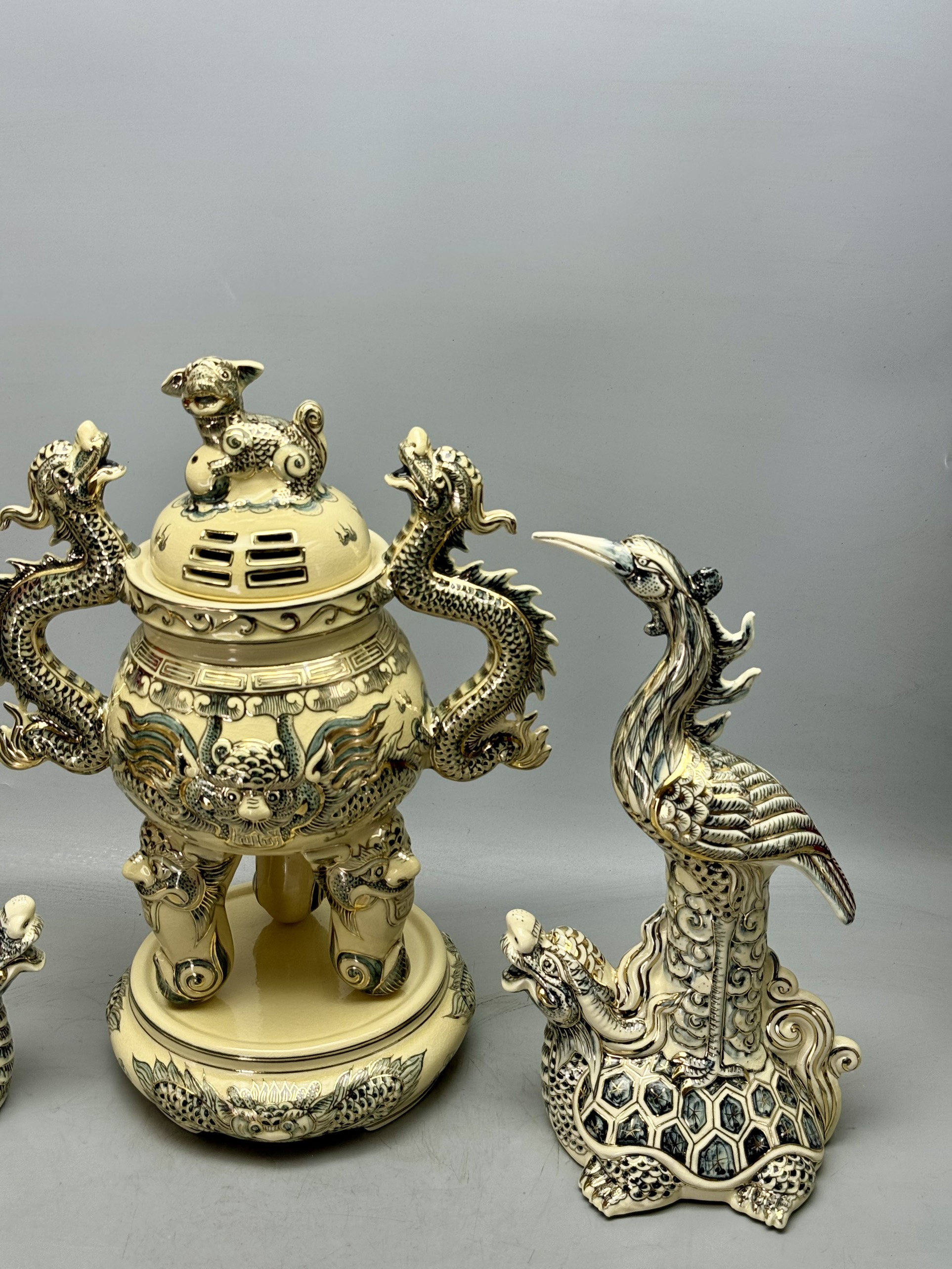 Set Vip bộ đồ thở đỉnh hạc vẽ vàng 24k gốm Chu Đậu