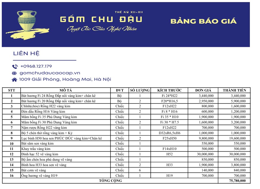 Set Vip bộ đồ thở đỉnh hạc vẽ vàng 24k gốm Chu Đậu