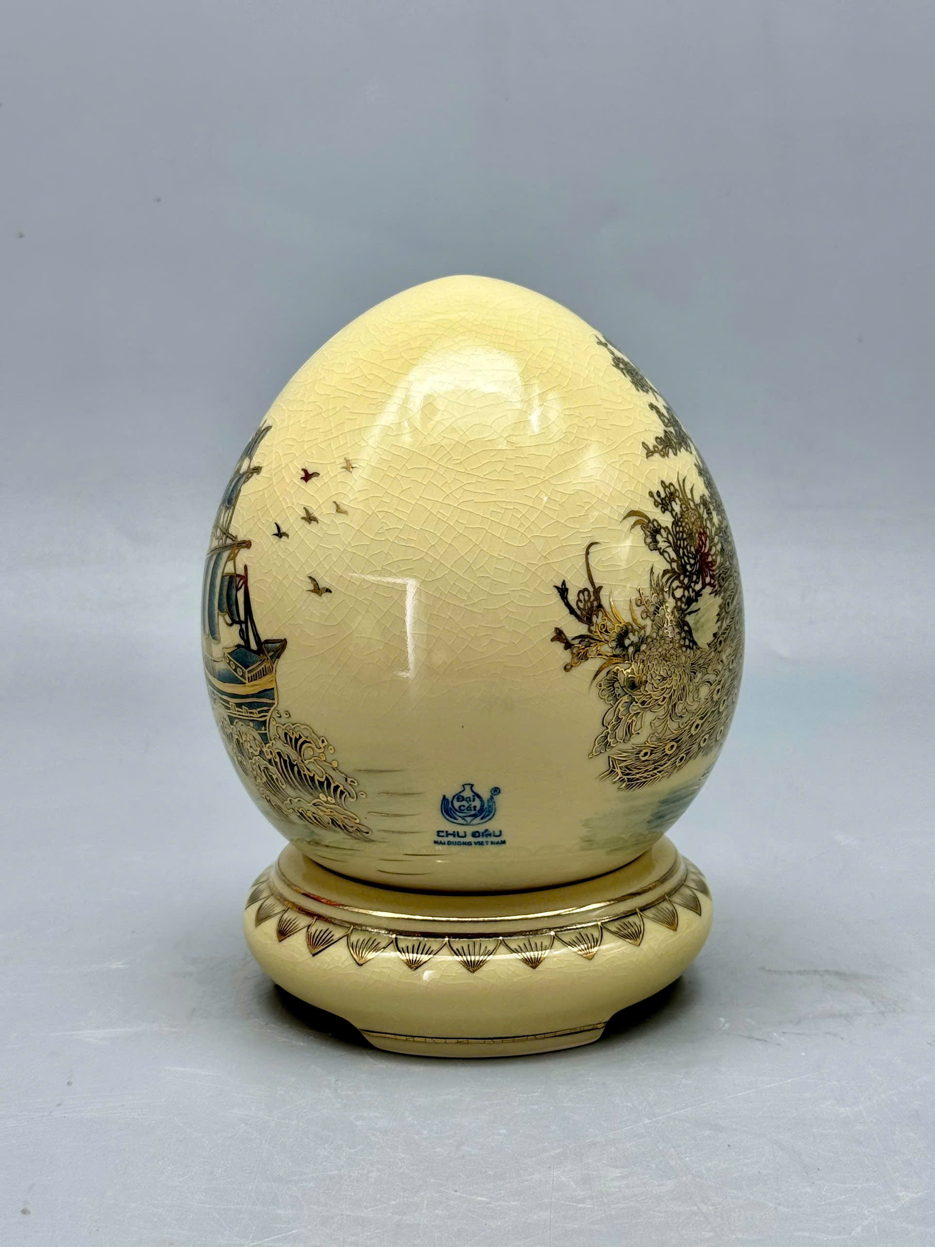 Trứng tài lộc mini thuận buồm xuôi gió gốm Chu Đậu vẽ vàng 24k