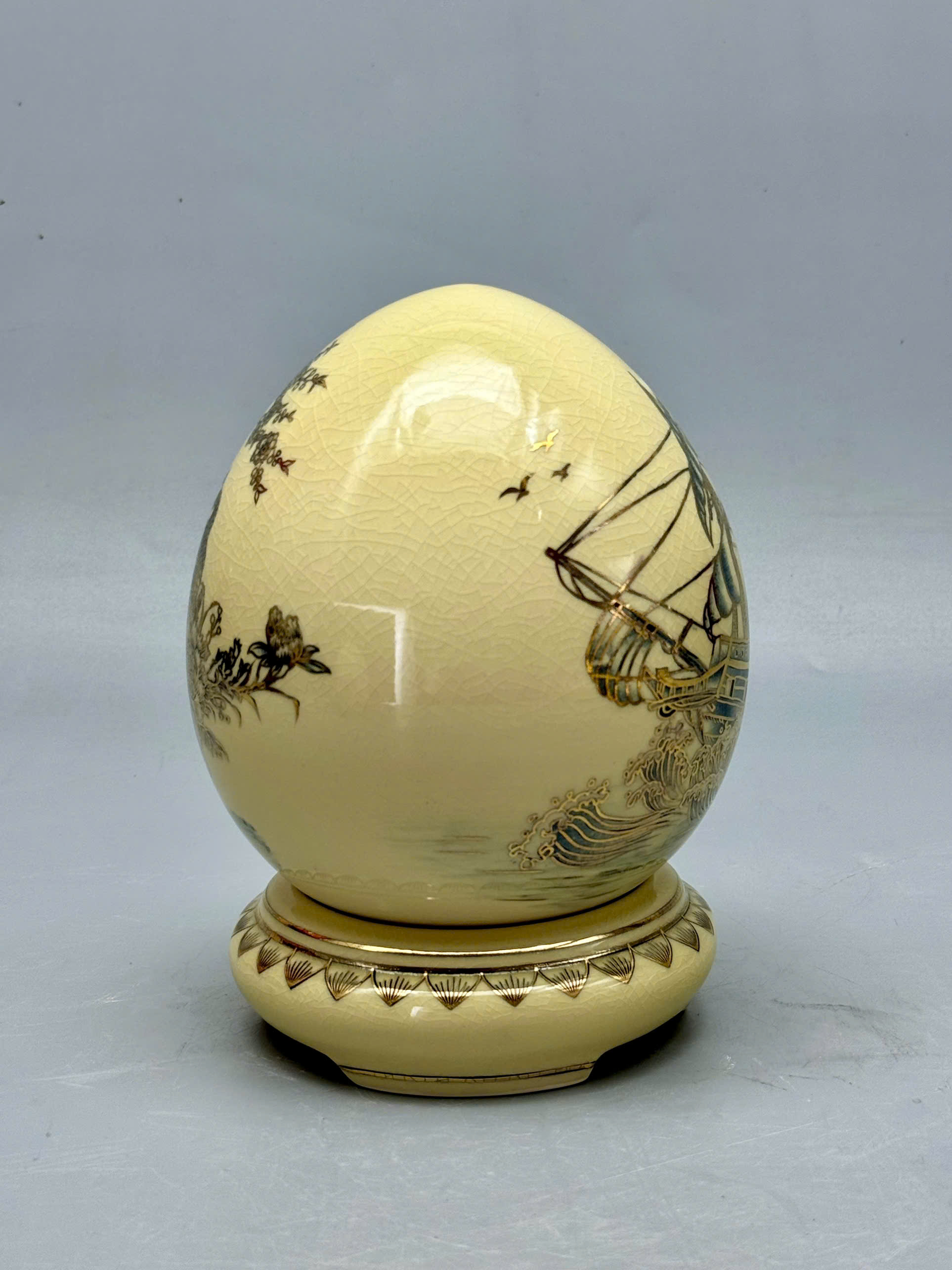 Trứng tài lộc mini thuận buồm xuôi gió gốm Chu Đậu vẽ vàng 24k