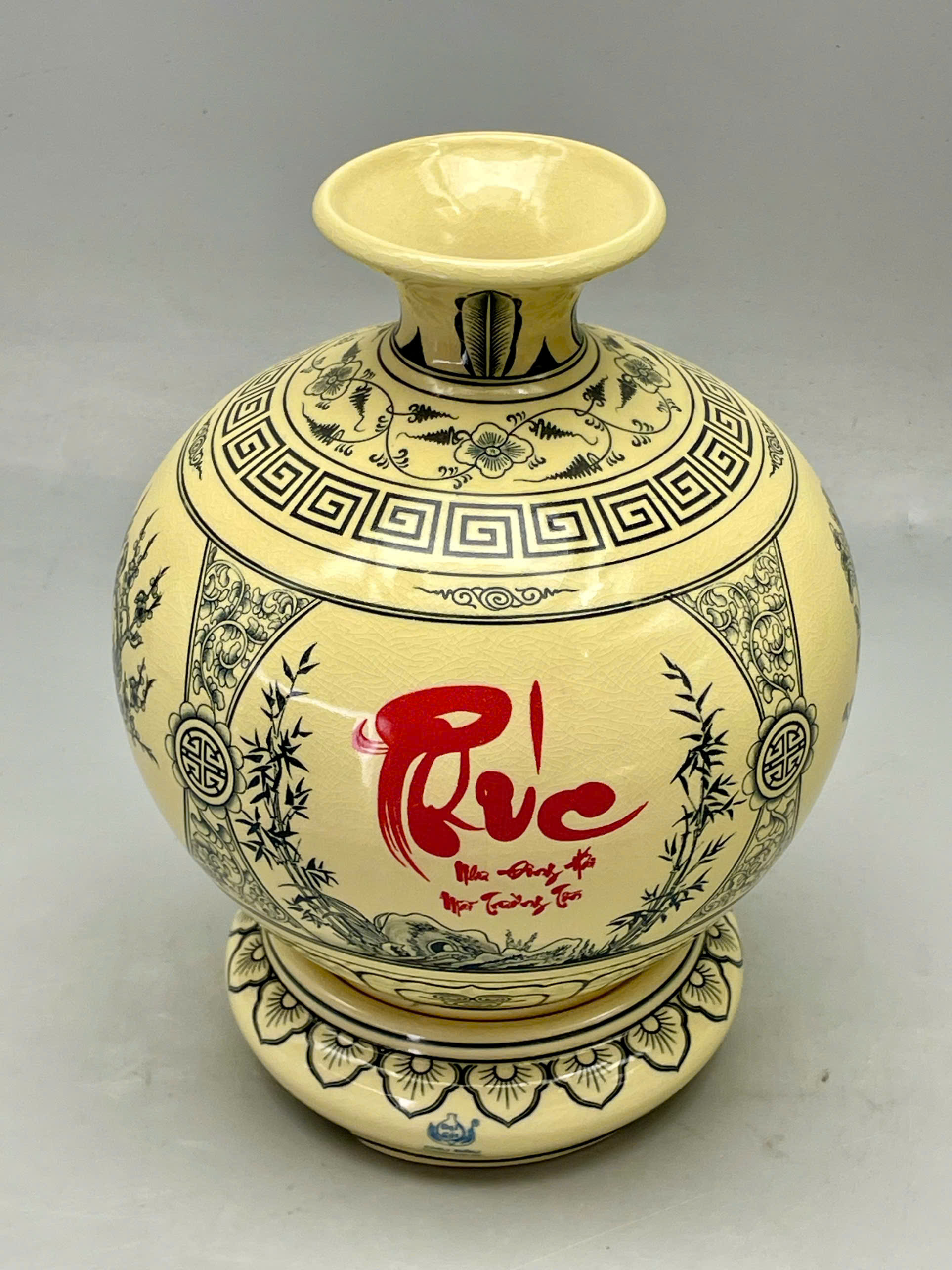 Bình hút lộc tứ cảnh chữ phúc cao 29cm gốm Chu Đậu truyền thống