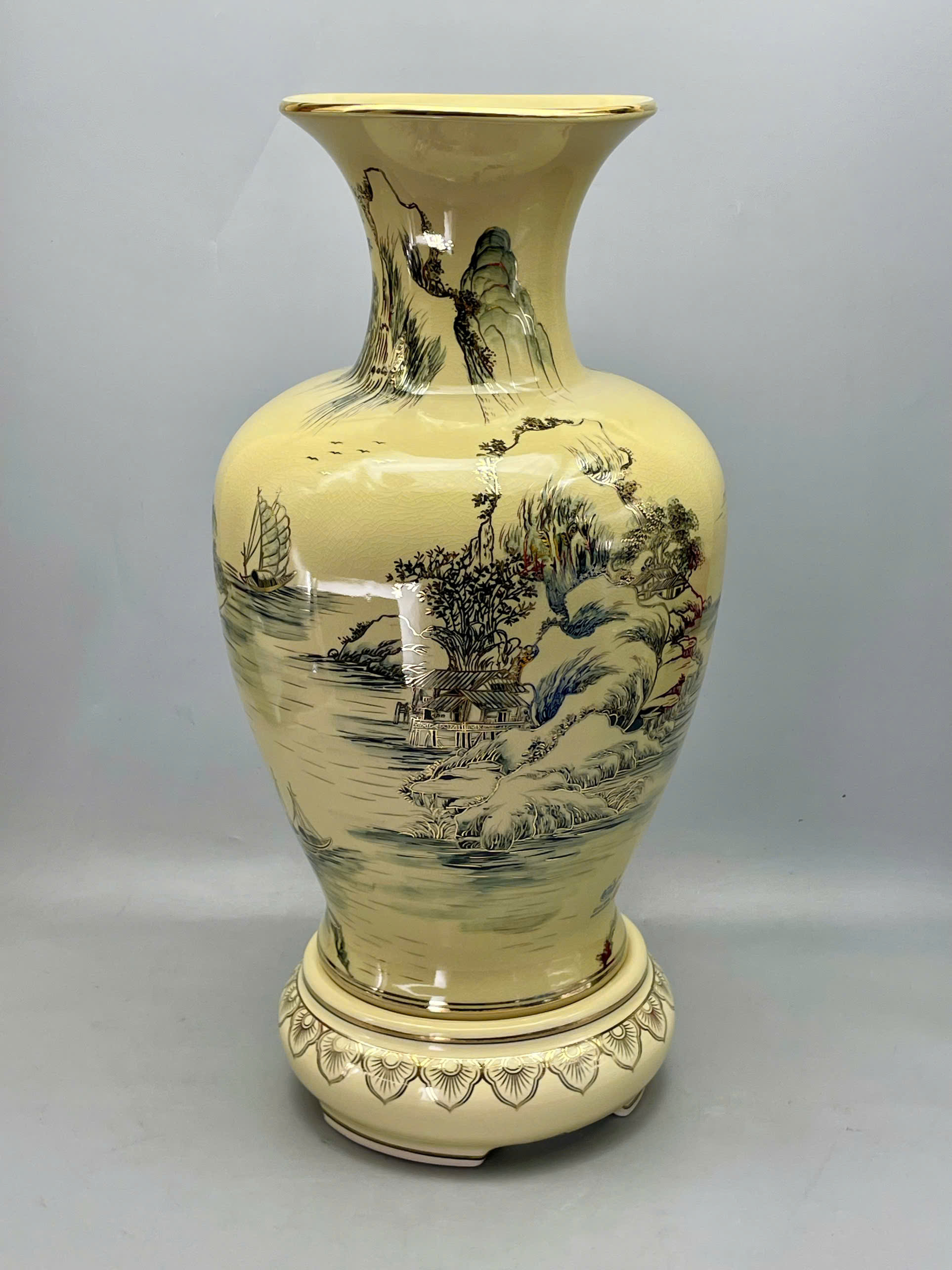 Bình đại phúc cảnh sơn thủy hữu tình 68cm gốm Chu Đậu vẽ vàng 24k