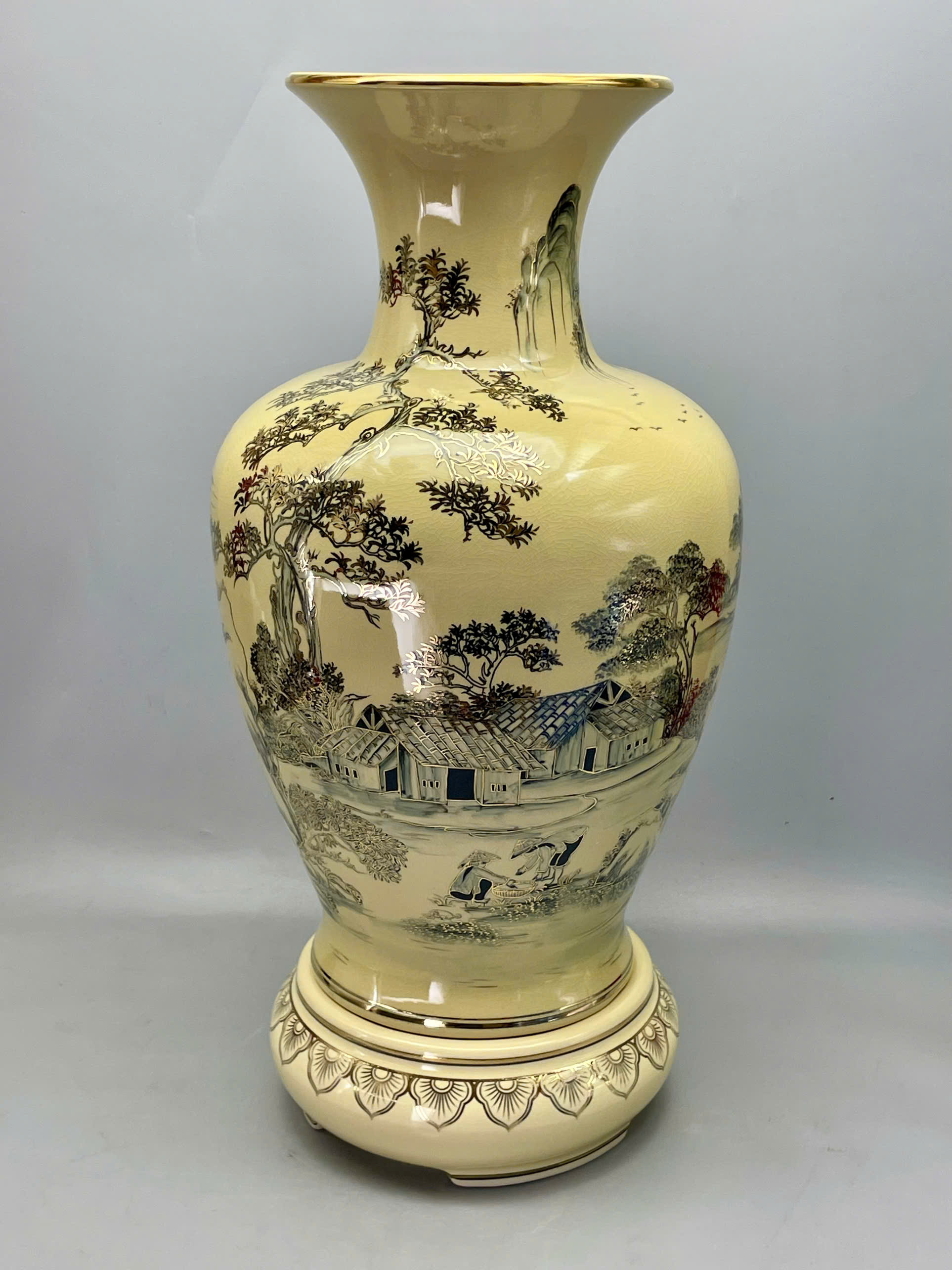 Bình đại phúc cảnh sơn thủy hữu tình 68cm gốm Chu Đậu vẽ vàng 24k