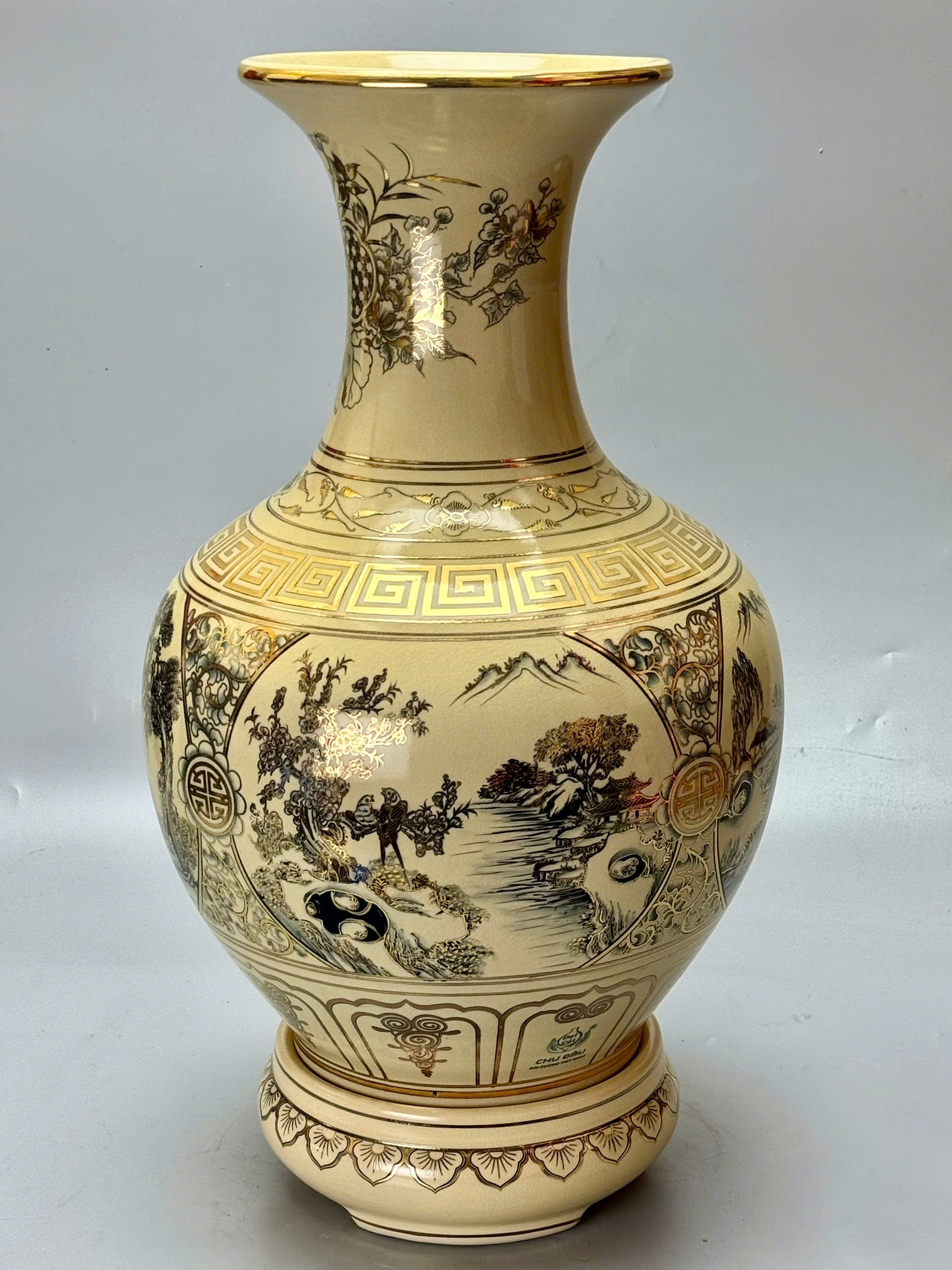 Bình phú quý tứ cảnh sơn thủy cao 45cm vẽ vàng 24k gốm Chu Đậu