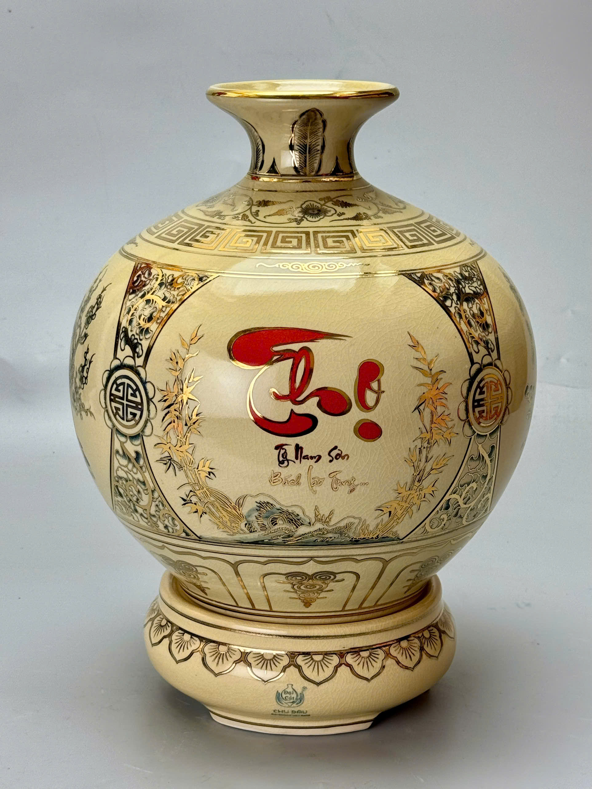 Bình hút lộc chữ Thọ cao 36cm gốm Chu Đậu vẽ vàng 24k