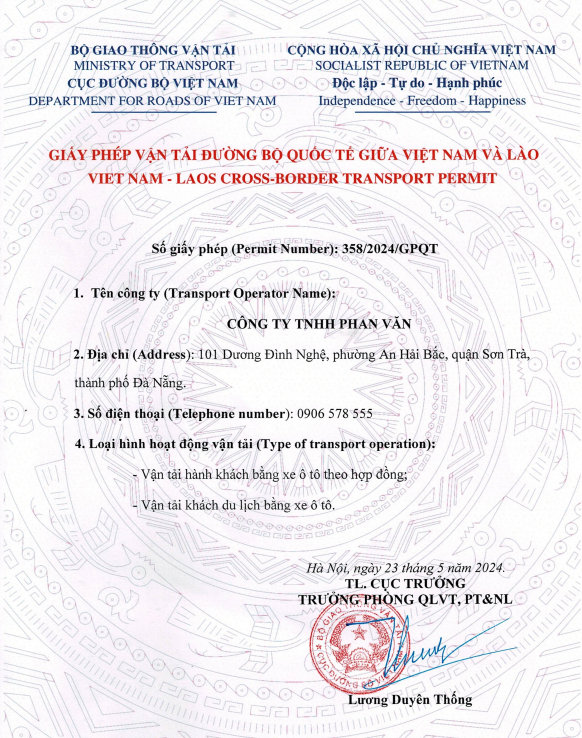 Giấy phép vận tải đường bộ quốc tế giữa Việt Nam và Lào của Phan Văn Travel