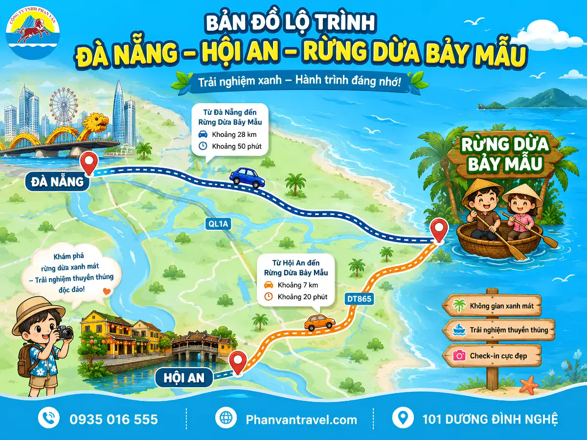 Bản đồ lộ trình từ Đà Nẵng và Hội An đến Rừng Dừa Bảy Mẫu