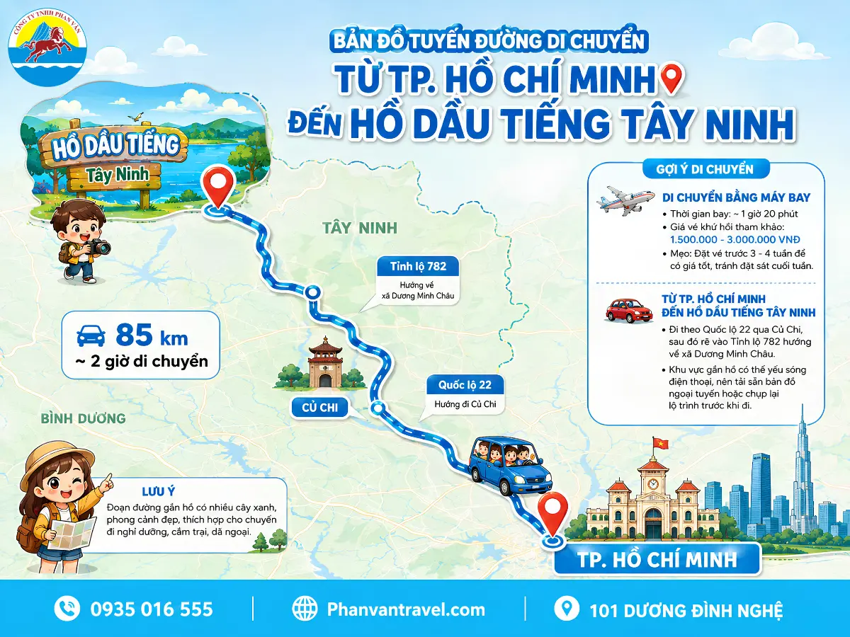 Bản đồ tuyến đường di chuyển từ Thành phố Hồ Chí Minh đến Hồ Dầu Tiếng Tây Ninh