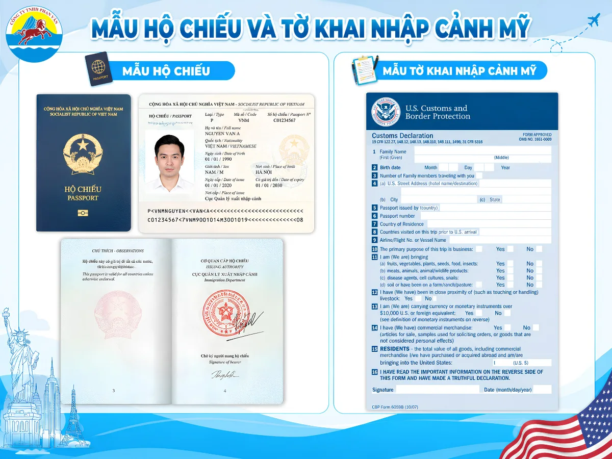 Mẫu hộ chiếu và tờ khai nhập cảnh Mỹ