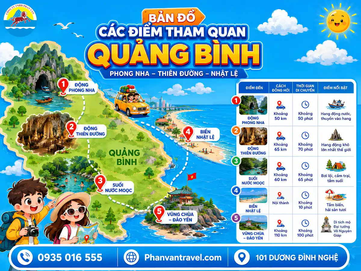 Bản đồ các điểm tham quan Quảng Bình - Phong Nha, Thiên Đường, Nhật Lệ