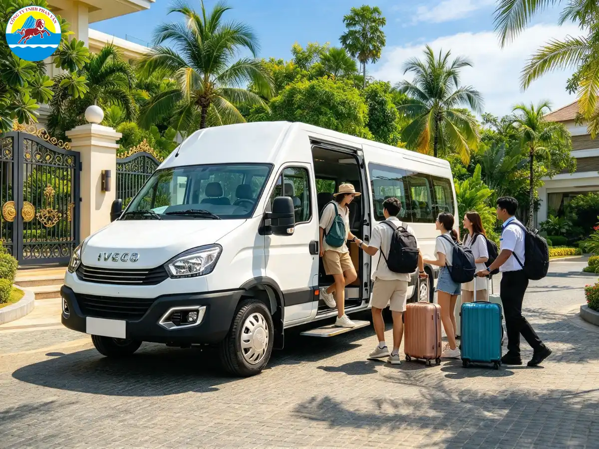 Nhóm khách lên xe 19 chỗ tại cổng khách sạn chuẩn bị đi Nha Trang