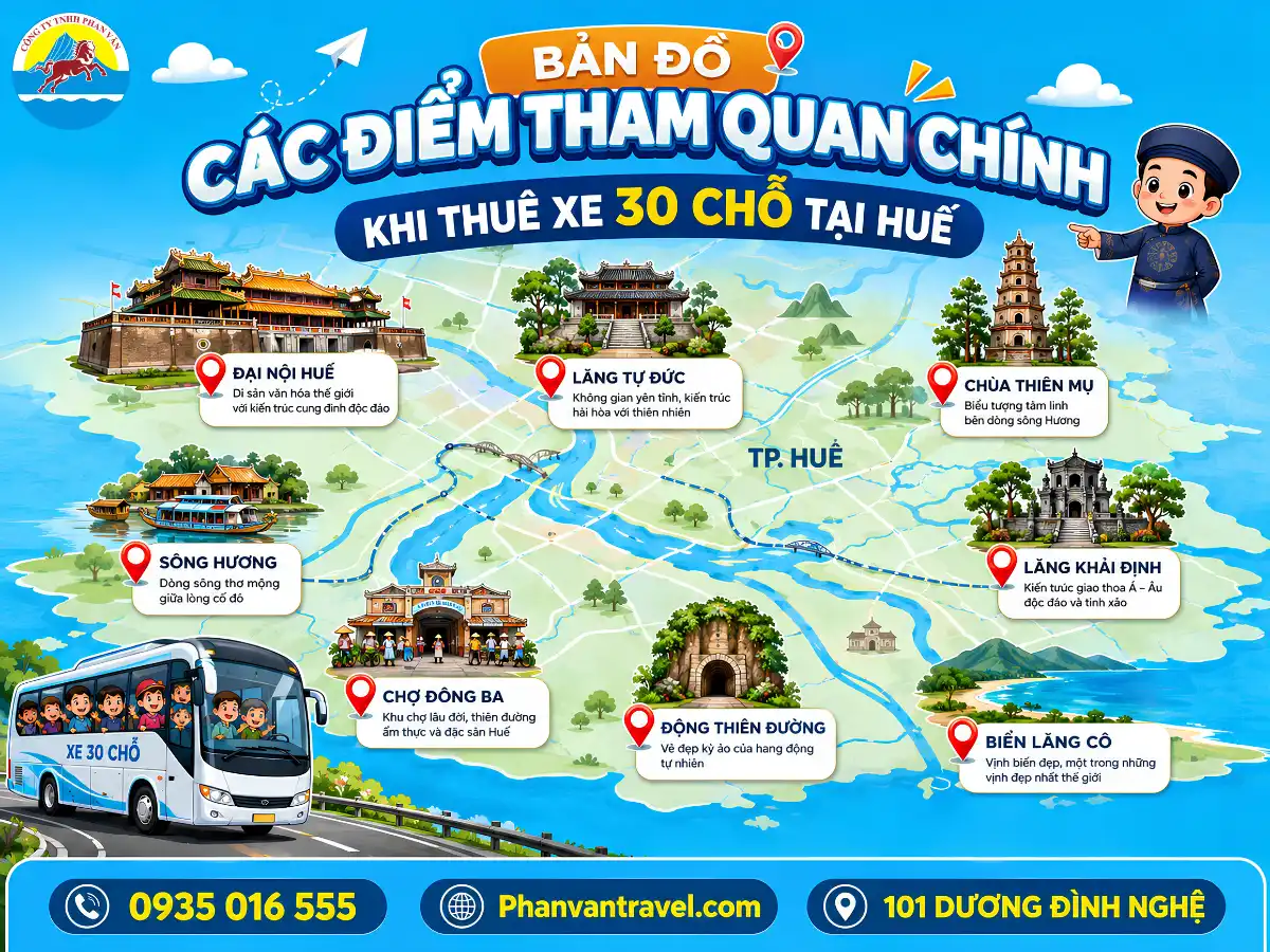 Bản đồ các điểm tham quan chính khi thuê xe 30 chỗ tại Huế