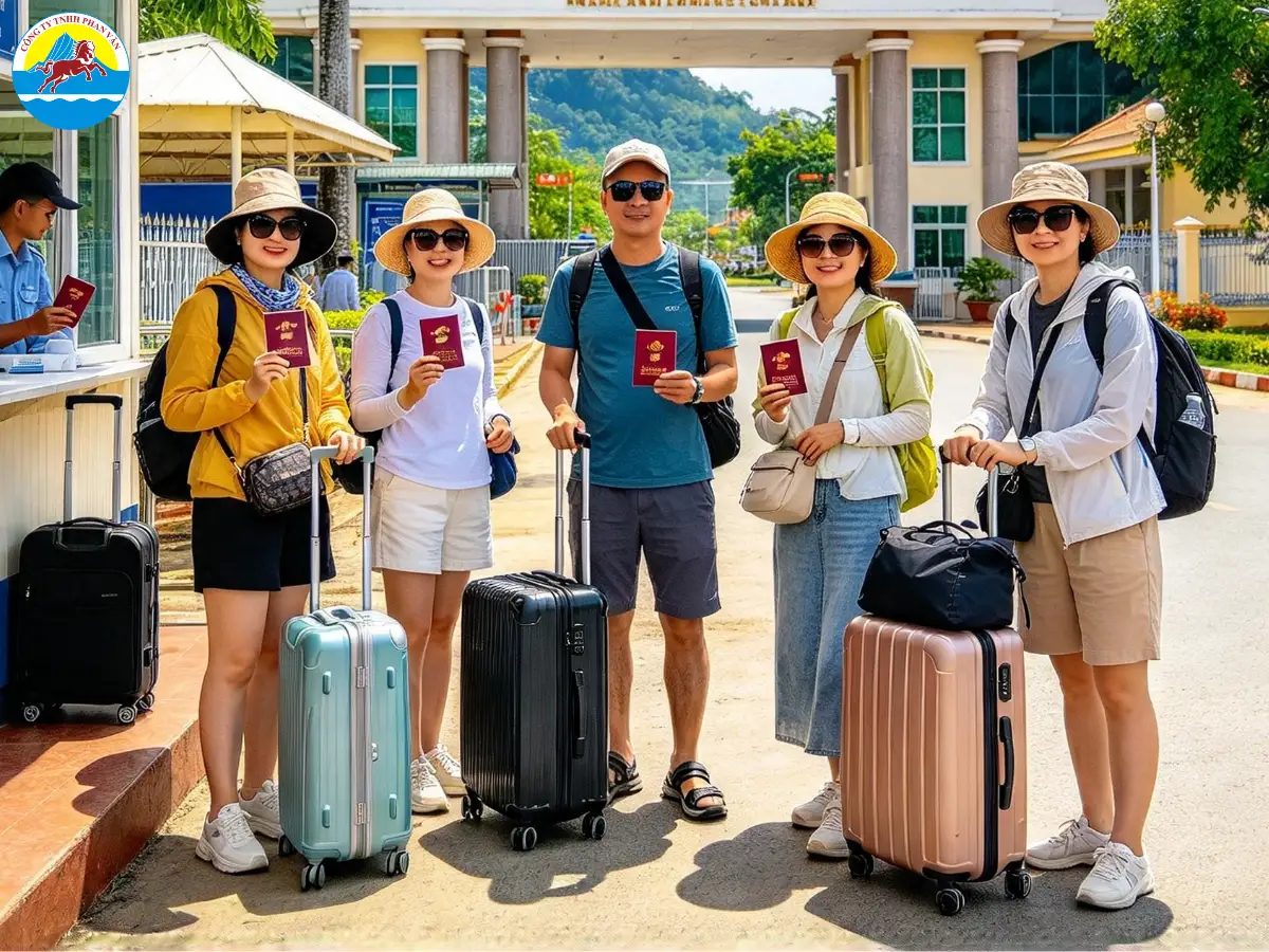 Đoàn khách làm thủ tục xuất cảnh tại cửa khẩu Việt Lào
