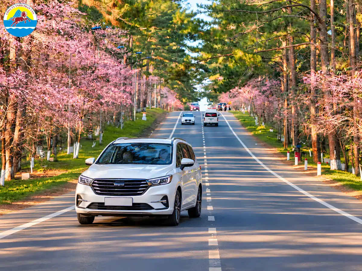 Xe du lịch Phan Văn Travel đậu chờ khách trước chuyến đi Măng Đen