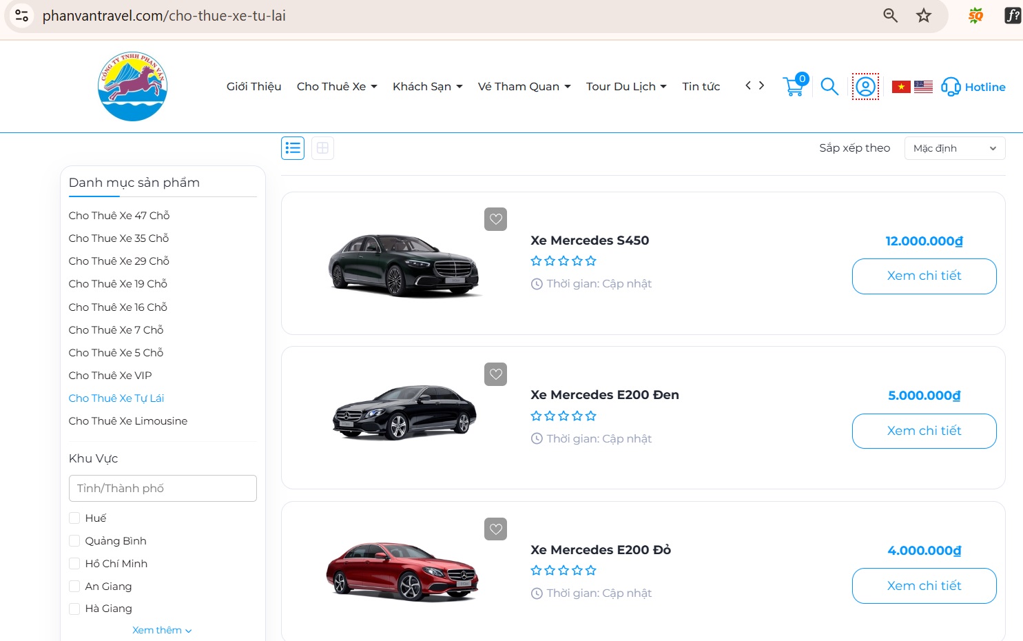 Thuê xe trên hệ thống website của Phan Văn Travel