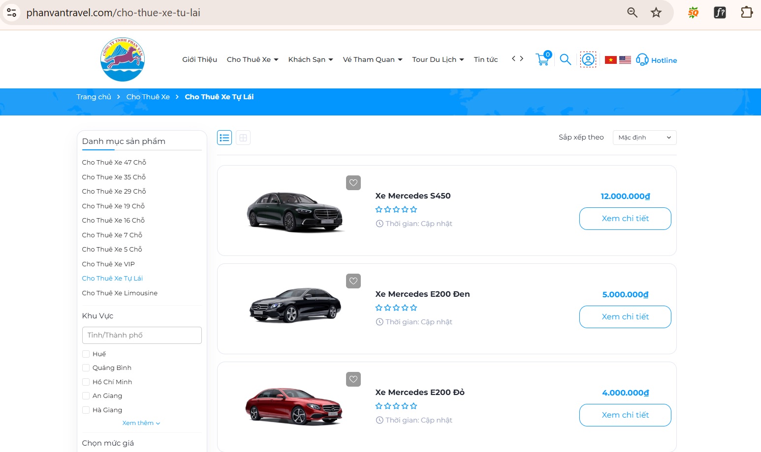 Bảng giá thuê xe trên hệ thống website của Phan Văn Travel