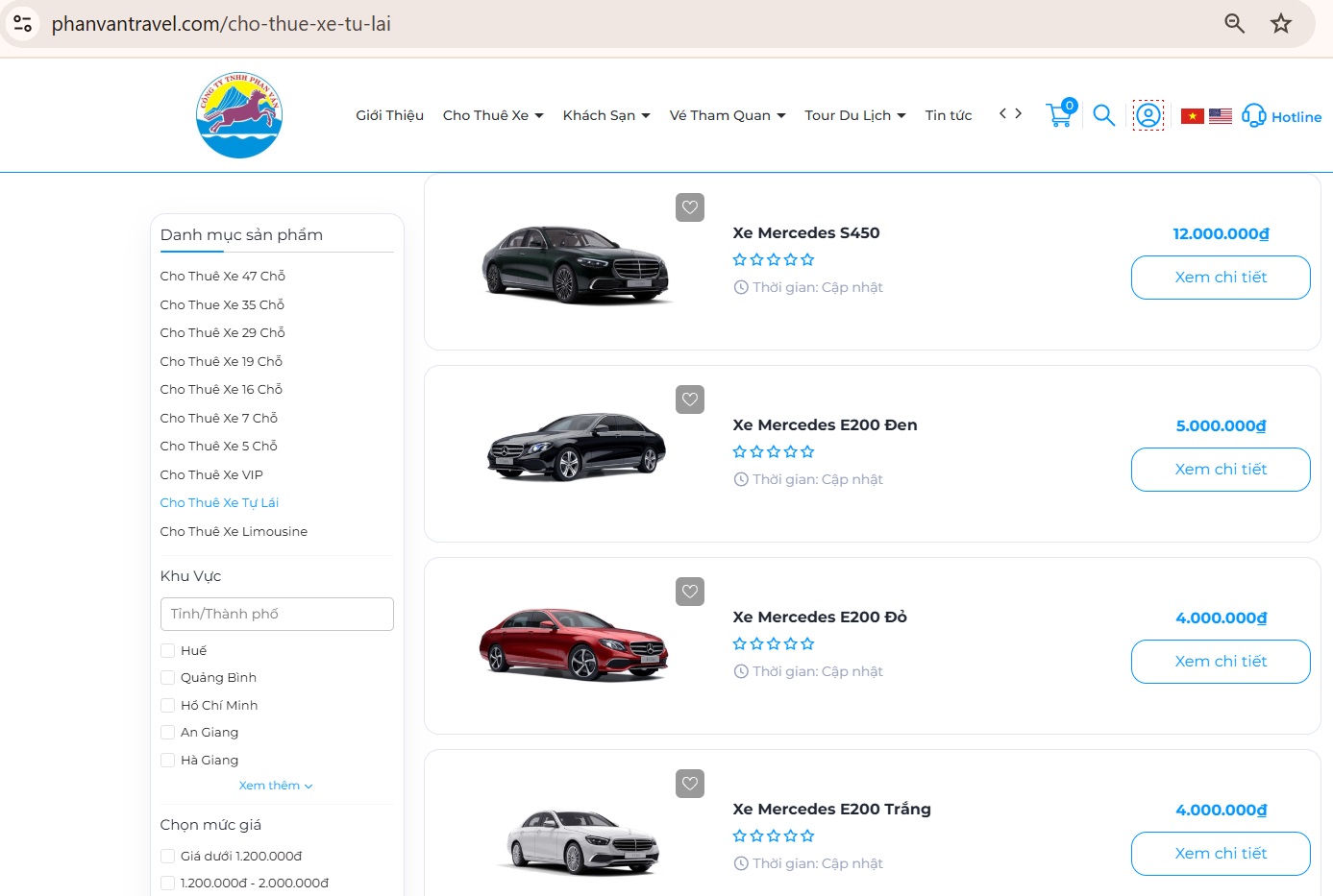 Giá thuê xe được công khai trực tiếp trên hệ thống website