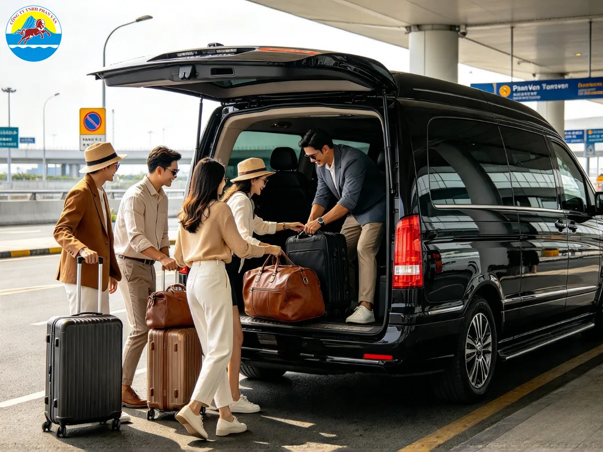 Nhóm khách xếp hành lý vào khoang sau xe limousine 12 chỗ