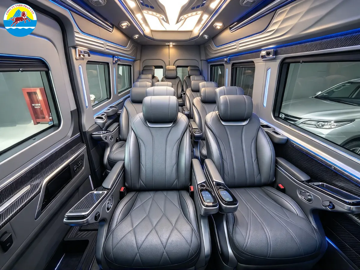 Nội thất trên xe Ford Transit Limousine 12 chỗ đi Măng Đen