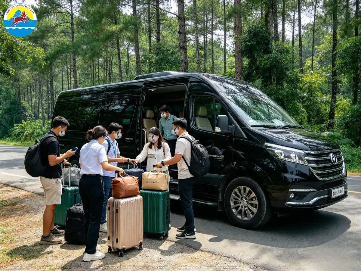 Nhóm khách chuẩn bị hành lý trước khi lên limousine 16 chỗ đi Măng Đen
