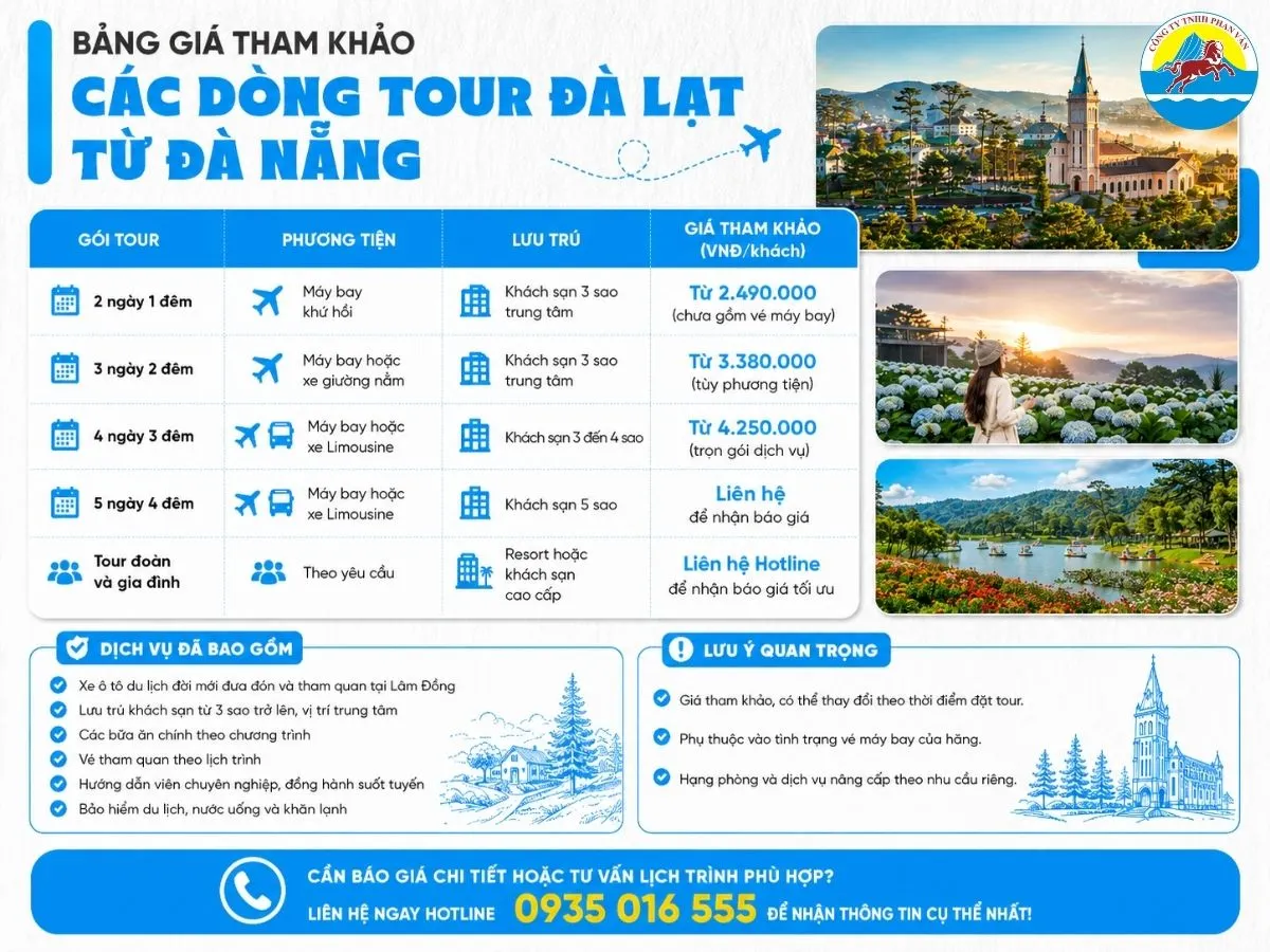 Giá tour các dòng tour Đà Lạt từ Đà Nẵng
