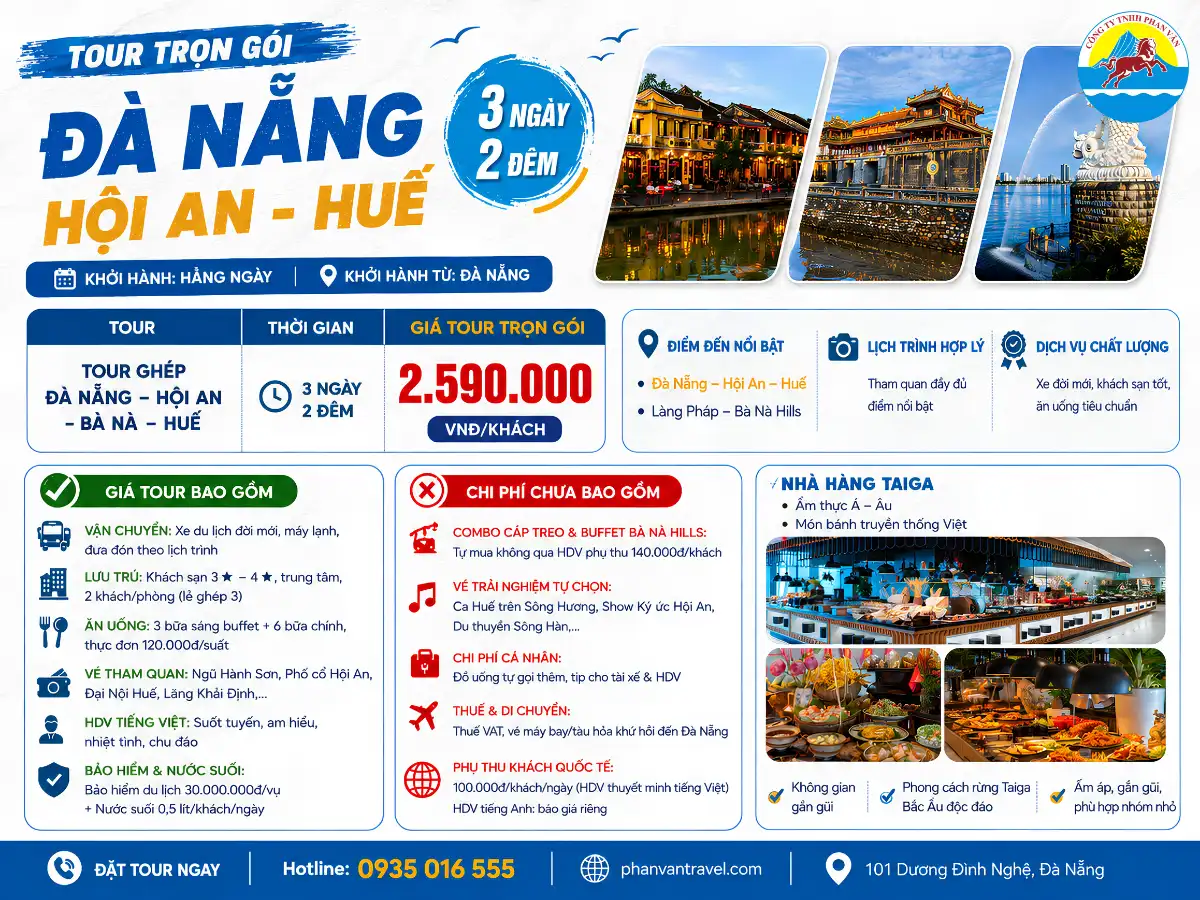Bảng giá tour Đà Nẵng Hội An Huế 3 ngày 2 đêm của Phan Văn Travel