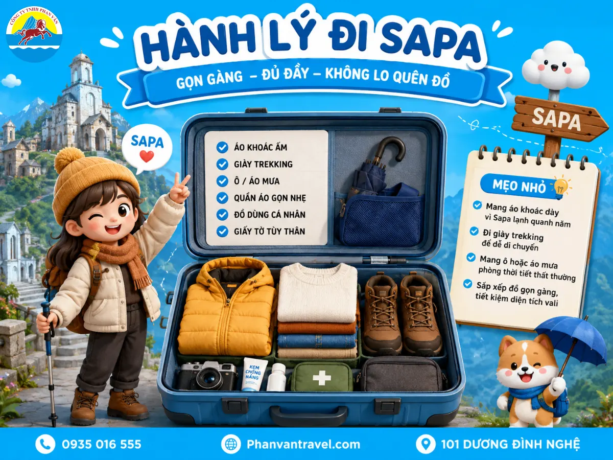 Hành lý đi Sapa gọn gàng, có áo khoác, giày trekking, ô