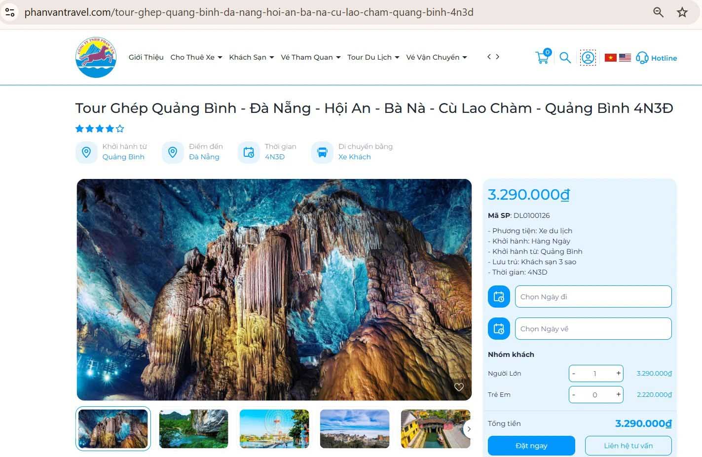 Đặt Tour Ghép Quảng Bình - Đà Nẵng - Hội An - Bà Nà - Cù Lao Chàm - Quảng Bình 4N3Đ trực tiếp trên trang web chính thức của Phan Văn