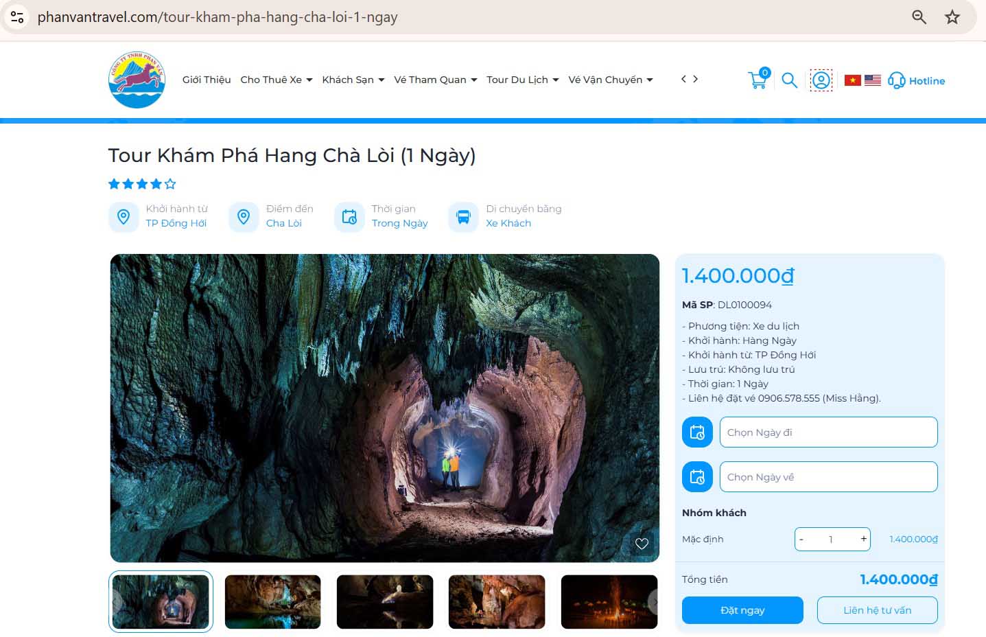 Đặt Tour Khám Phá Hang Chà Lòi (1 Ngày) trên hệ thống website