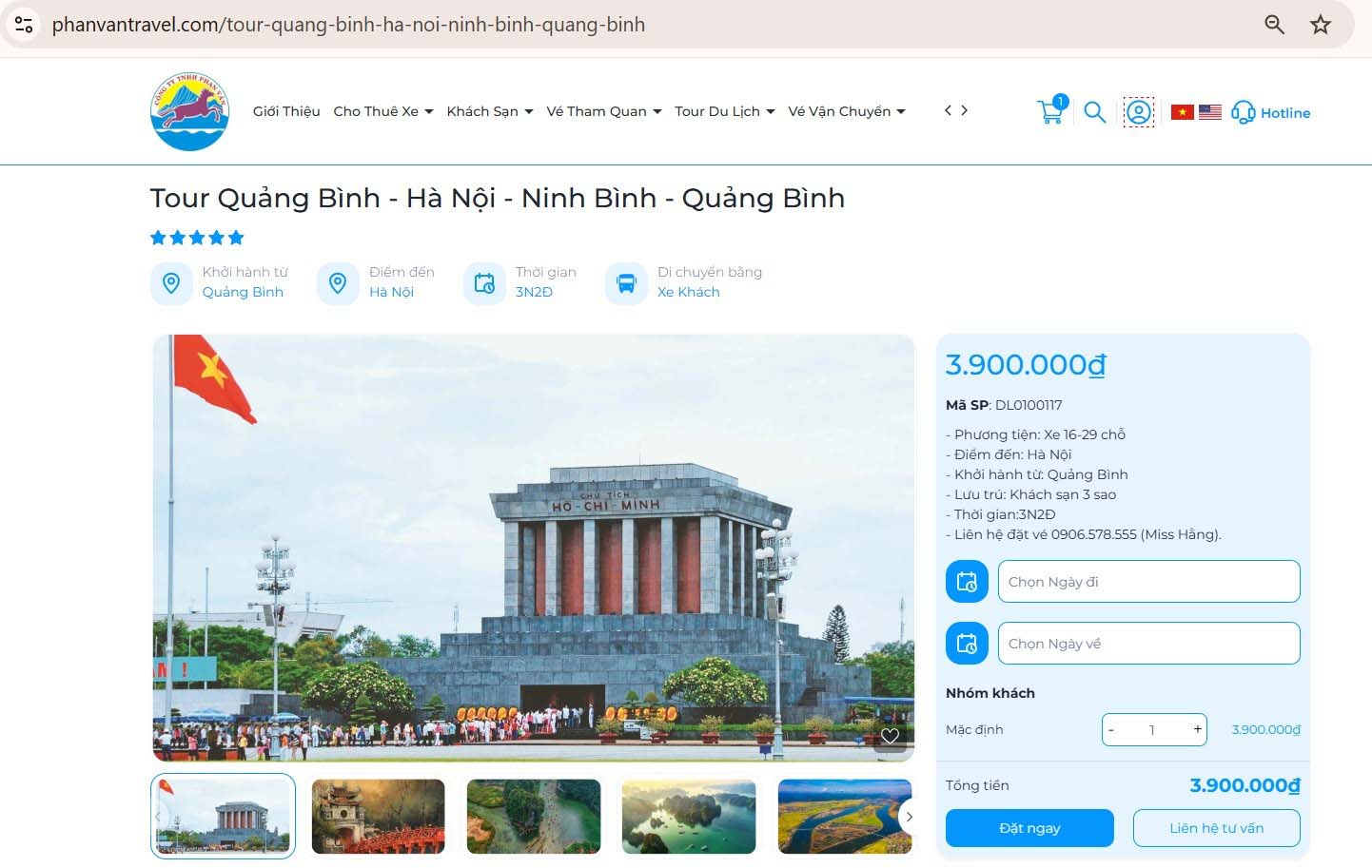 Đặt Tour Quảng Bình - Hà Nội - Ninh Bình - Quảng Bình trực tiếp trên hệ thống trang web