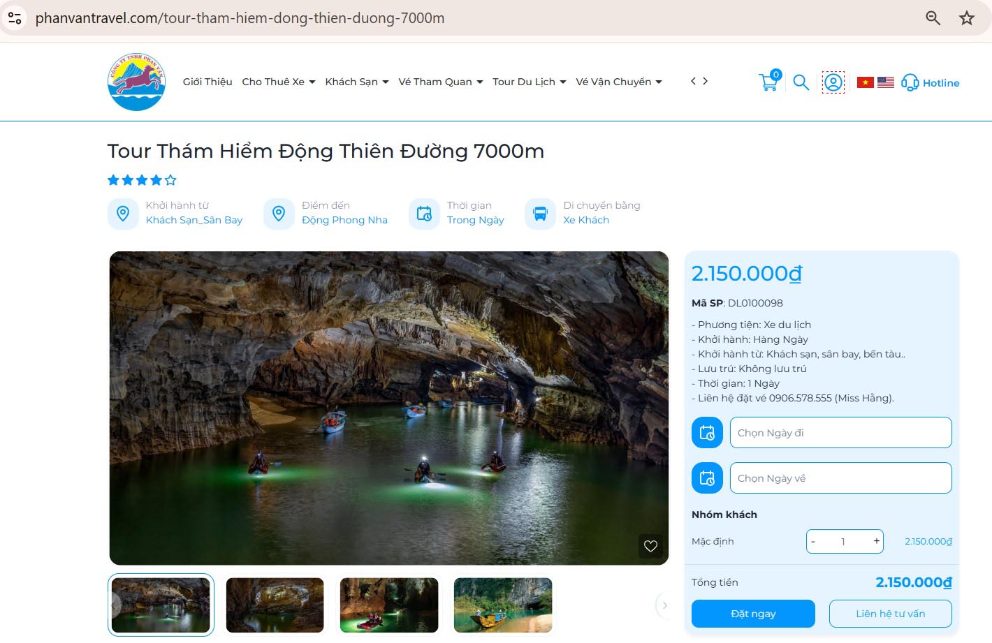 Đặt Tour Thám Hiểm Động Thiên Đường 7000m trên hệ thống website