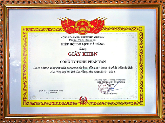 Bằng Khen BCH Hiệp Hội Du Lịch TP Đà Nẵng