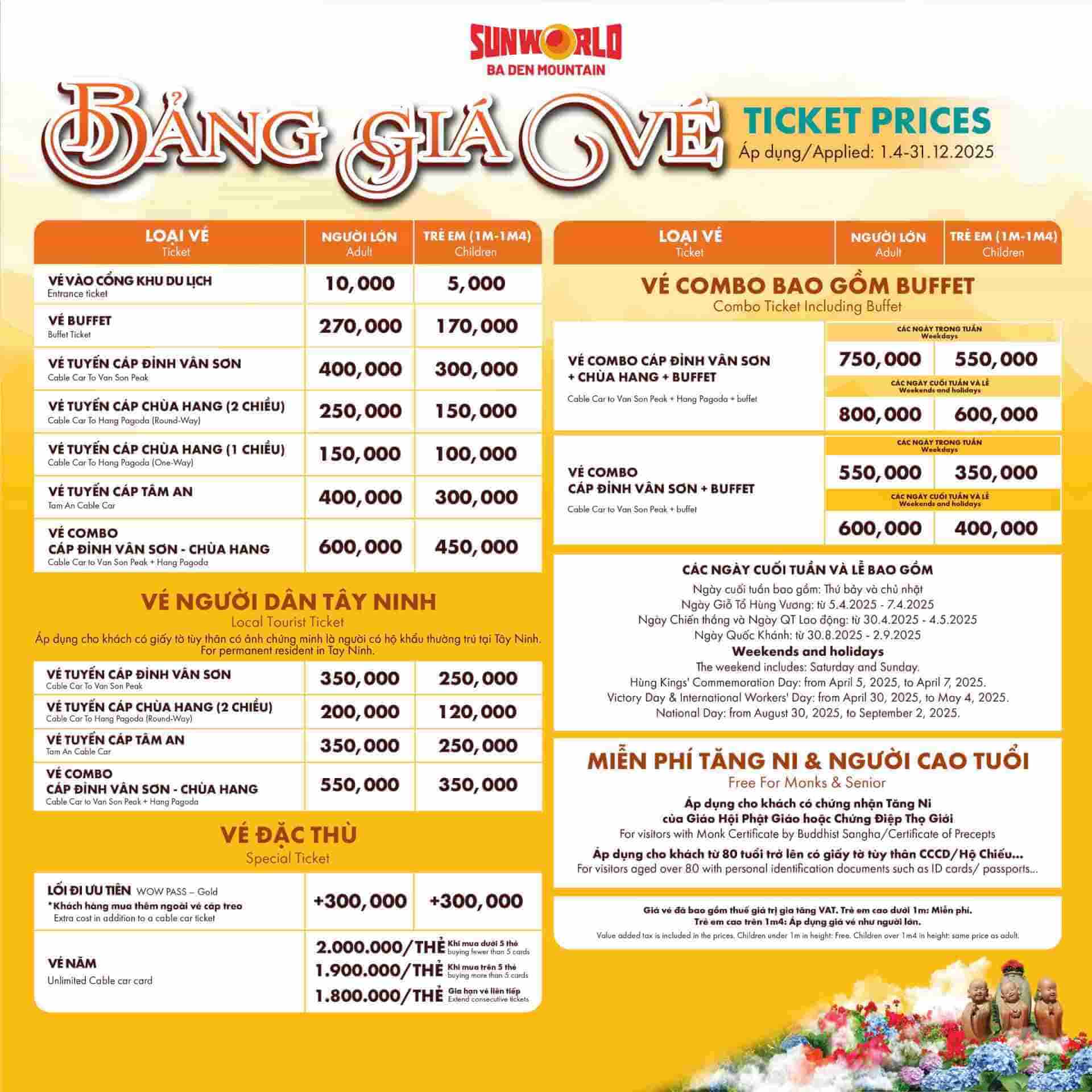Bảng giá vé tham quan cáp treo Núi Bà Đen 2025
